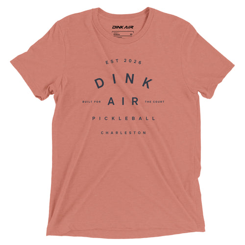 Mauve tri-blend t-shirt featuring a vintage-inspired Dink Air graphic with “EST 2026,” “Pickleball,” and “Charleston” text in a relaxed athletic design.