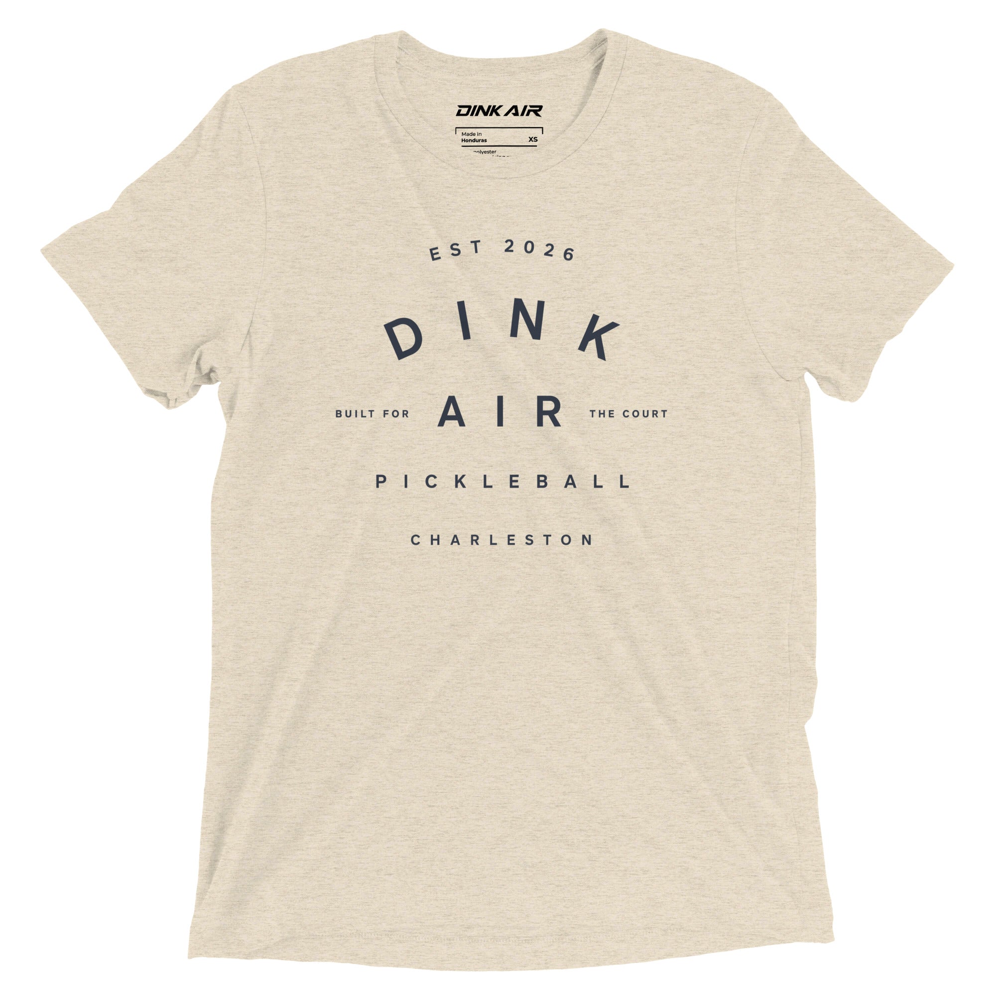 Oatmeal tri-blend t-shirt featuring a vintage-inspired Dink Air graphic with “EST 2026,” “Pickleball,” and “Charleston” text in a relaxed athletic design.