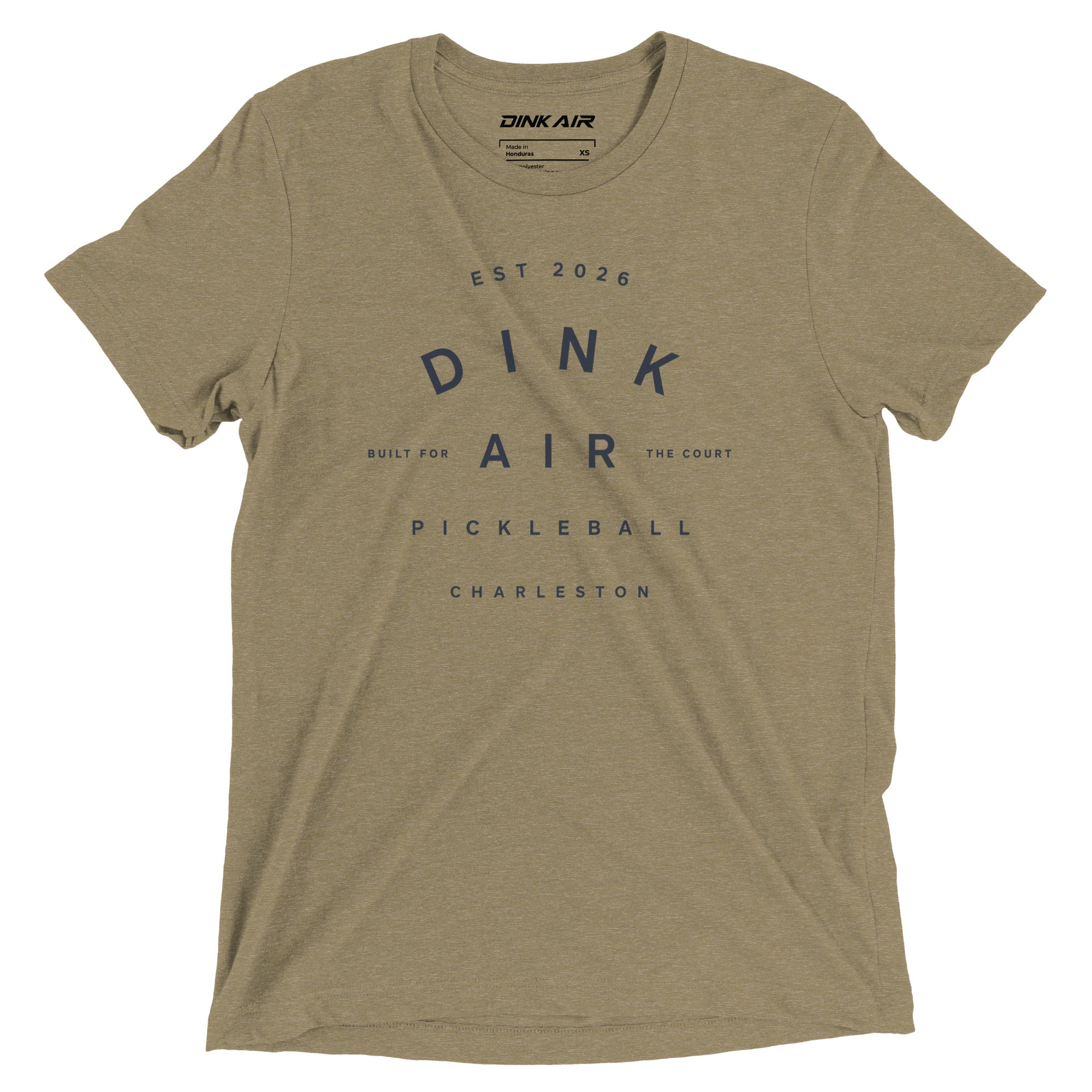 Olive tri-blend t-shirt featuring a vintage-inspired Dink Air graphic with “EST 2026,” “Pickleball,” and “Charleston” text in a relaxed athletic design.