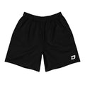 Front view of the Classic Black Performance Shorts featuring lightweight black performance fabric, a white D Mark logo on the lower left leg, elastic waistband, athletic fit, moisture-wicking material, and a clean minimalist design for pickleball, training, and everyday wear.
