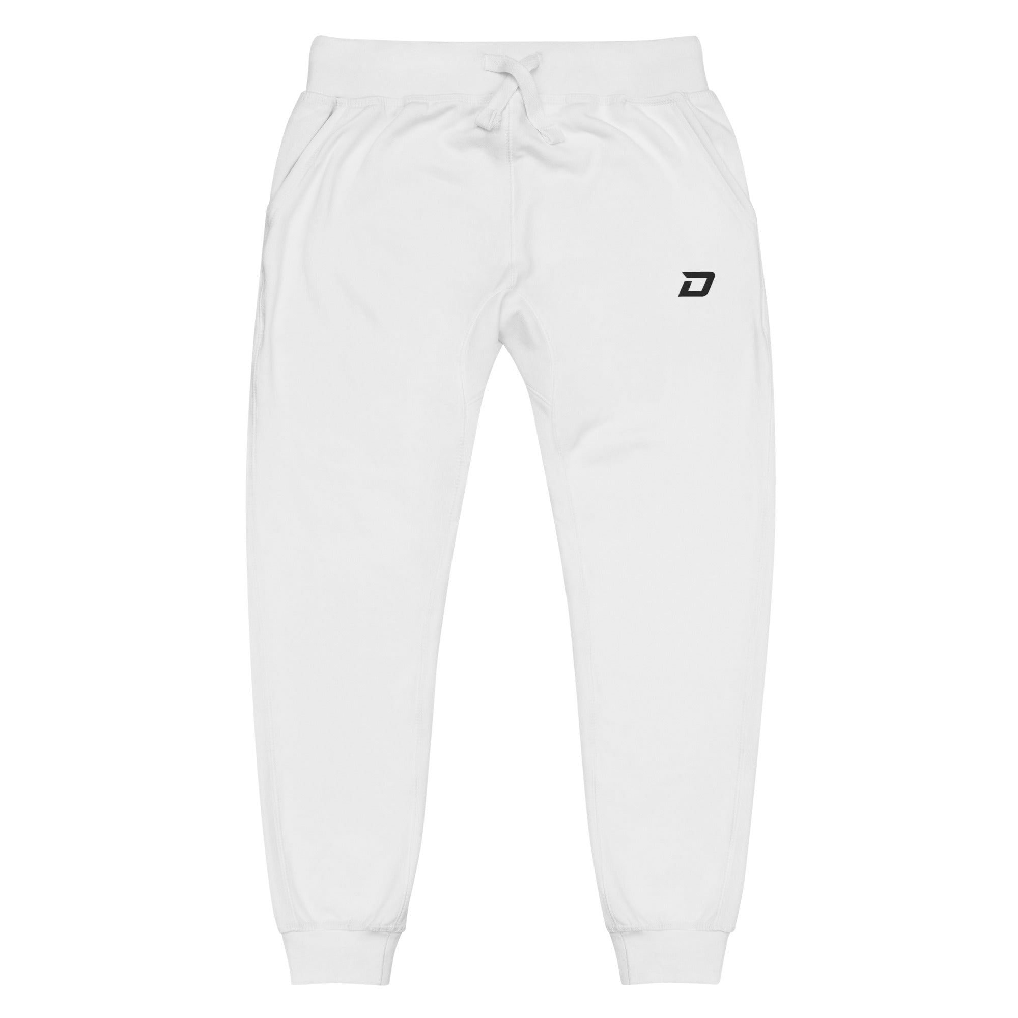 Front view of the Classic Joggers in white featuring lightweight performance fabric, an embroidered black D Mark logo on the upper left thigh, elastic waistband with drawstring, tapered athletic fit, ribbed ankle cuffs, side pockets, and a minimalist design for pickleball, training, travel, recovery, and everyday wear.