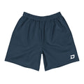 Front view of the Classic Navy Performance Shorts featuring lightweight navy performance fabric, a white D Mark logo on the lower left leg, elastic waistband, athletic fit, moisture-wicking material, and a clean minimalist design for pickleball, training, tournaments, and everyday wear.