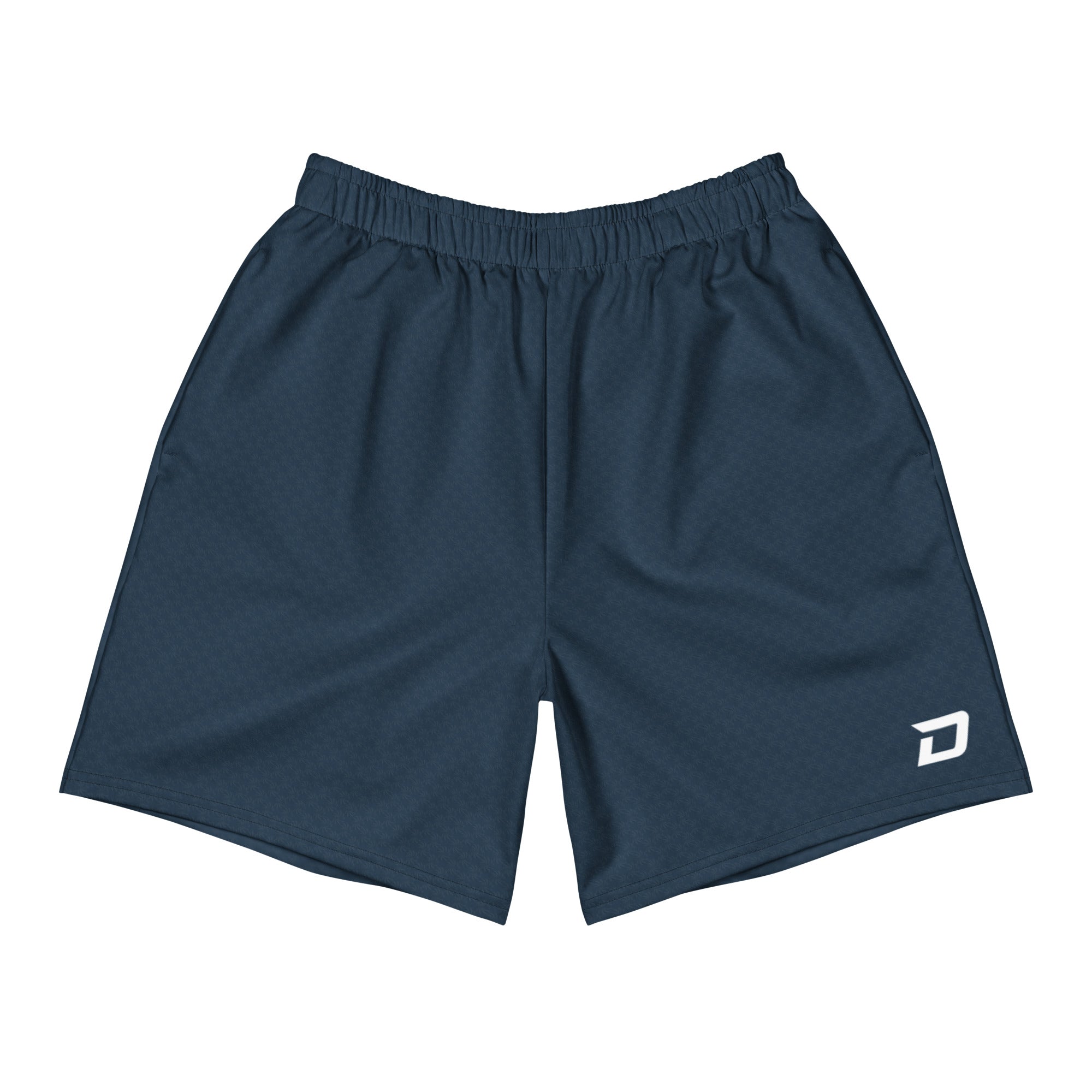 Front view of the Classic Navy Performance Shorts featuring lightweight navy performance fabric, a white D Mark logo on the lower left leg, elastic waistband, athletic fit, moisture-wicking material, and a clean minimalist design for pickleball, training, tournaments, and everyday wear.