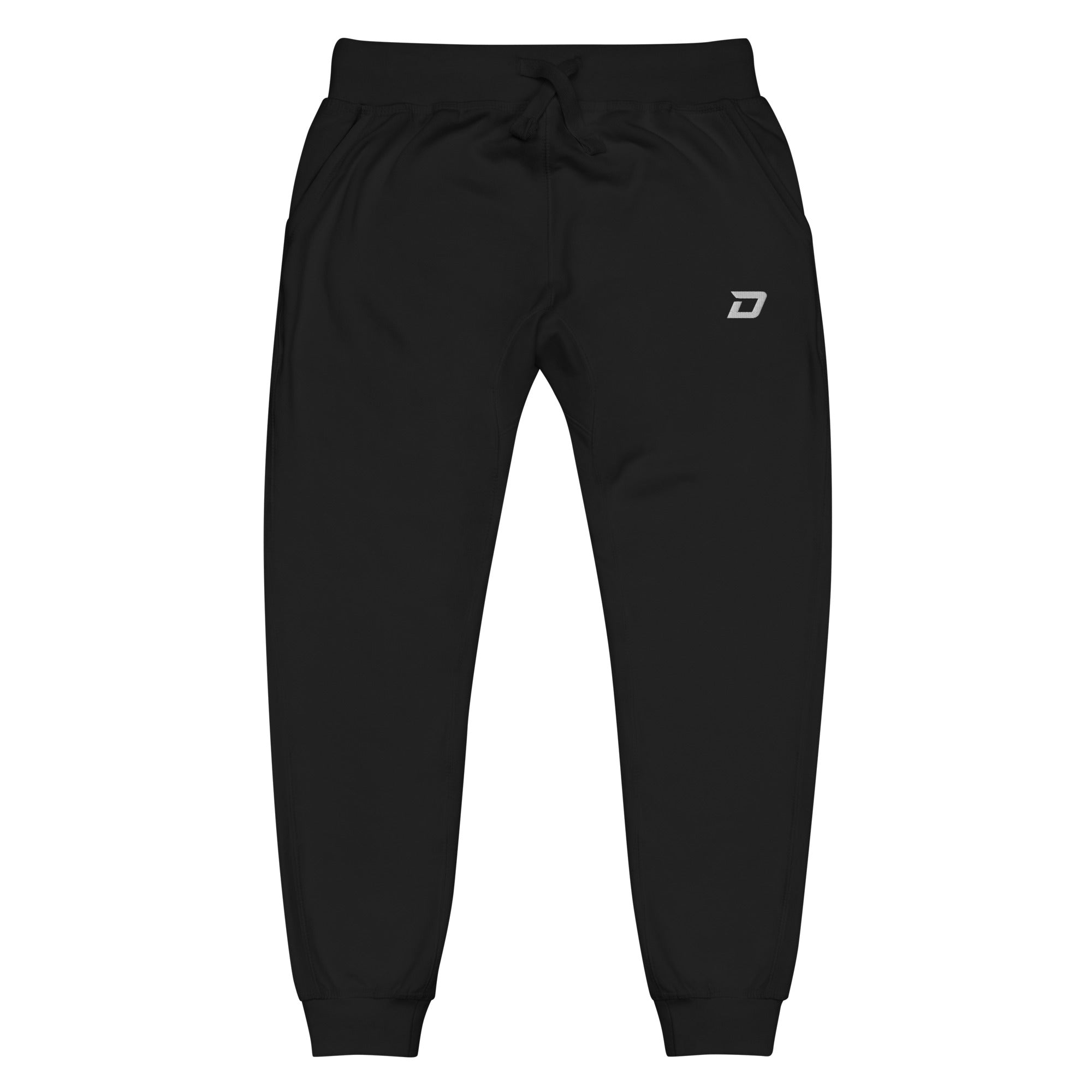 Front view of the Classic Performance Joggers in black featuring lightweight performance fabric, an embroidered white D Mark logo on the upper left thigh, elastic waistband with drawstring, tapered athletic fit, ribbed ankle cuffs, side pockets, and a minimalist design for pickleball, training, travel, recovery, and everyday wear.