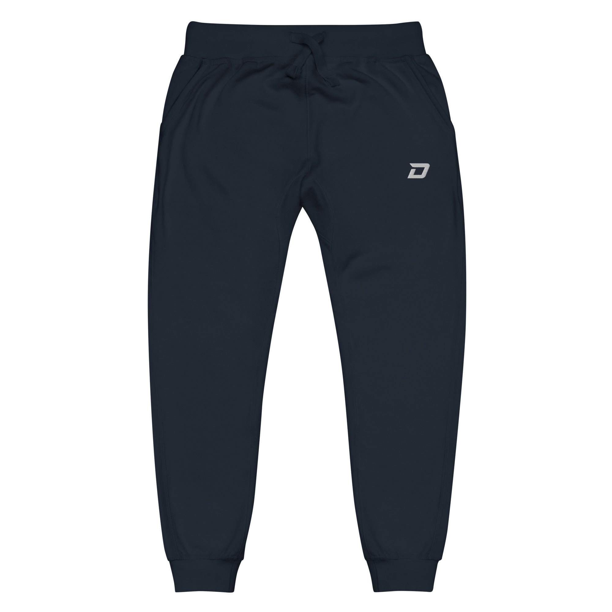 Front view of the Classic Performance Joggers in navy featuring lightweight performance fabric, an embroidered white D Mark logo on the upper left thigh, elastic waistband with drawstring, tapered athletic fit, ribbed ankle cuffs, side pockets, and a minimalist design for pickleball, training, travel, recovery, and everyday wear.