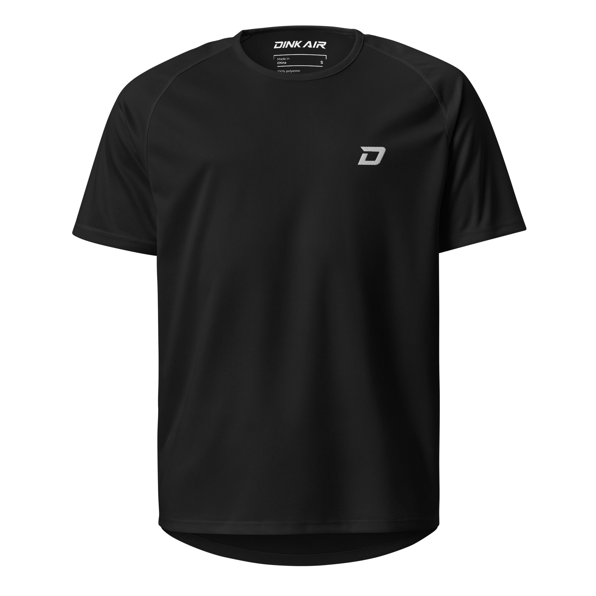 Front view of the Classic Performance Tee in black featuring a white embroidered D Mark logo on the left chest, lightweight performance fabric, classic crew neck, athletic fit, and a clean minimalist design for pickleball and everyday wear.