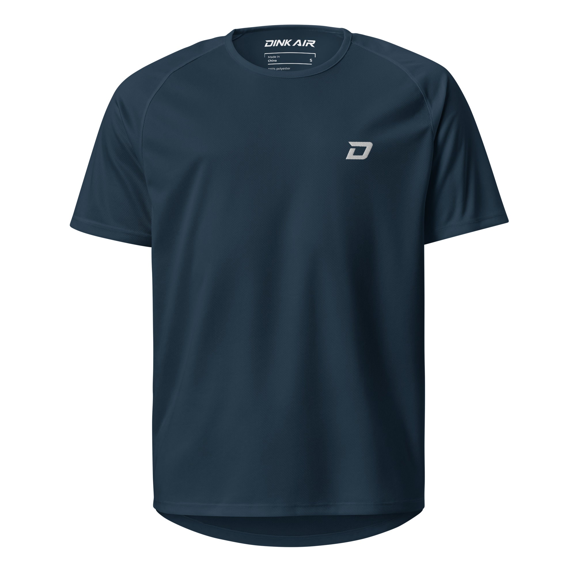 Front view of the Classic Performance Tee in navy featuring a white embroidered D Mark logo on the left chest, lightweight performance fabric, classic crew neck, athletic fit, and a clean minimalist design for pickleball and everyday wear.