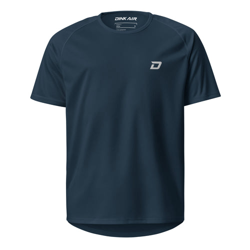 Front view of the Classic Performance Tee in navy featuring a white embroidered D Mark logo on the left chest, lightweight performance fabric, classic crew neck, athletic fit, and a clean minimalist design for pickleball and everyday wear.