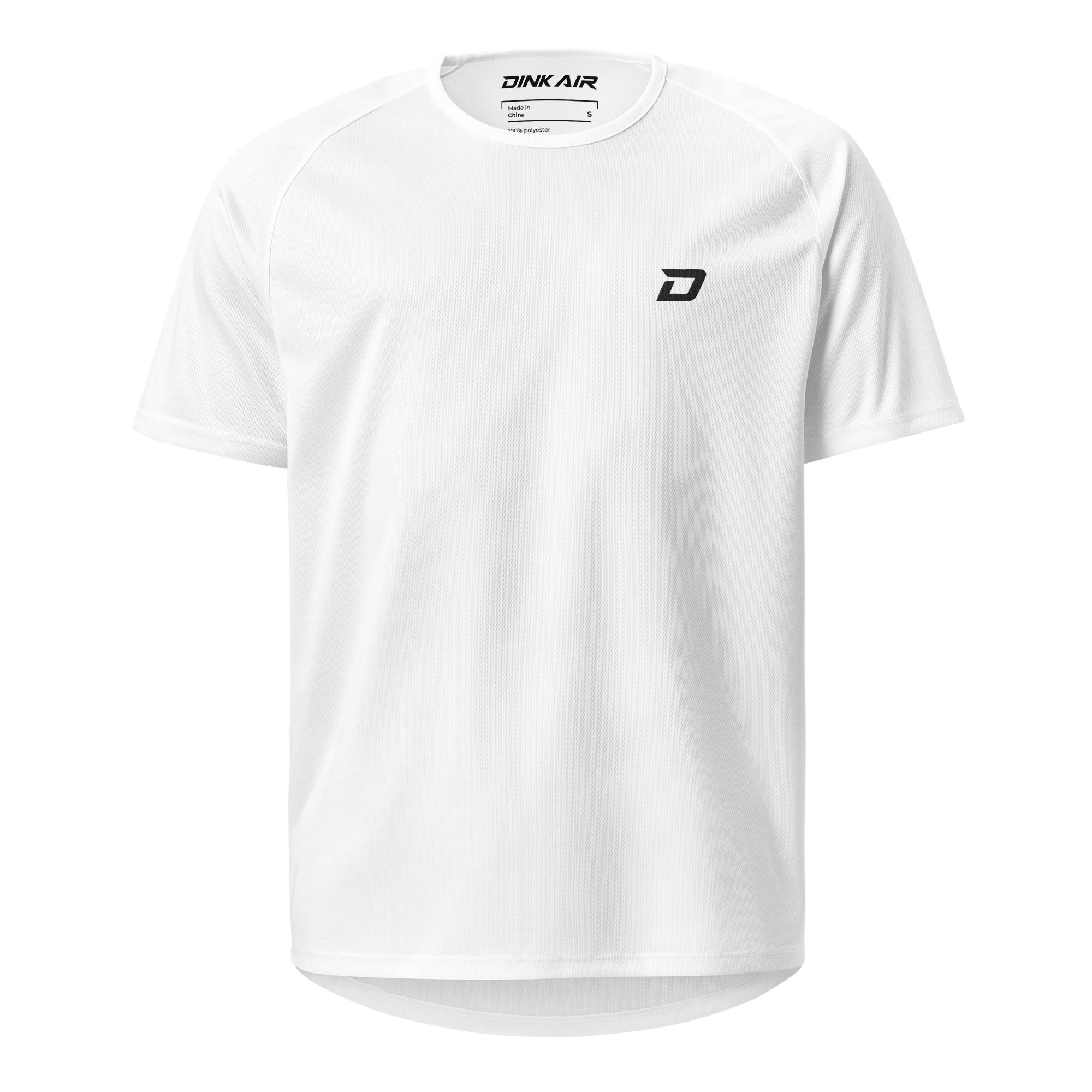 Front view of the Classic Performance Tee in white featuring a black embroidered D Mark logo on the left chest, lightweight performance fabric, classic crew neck, athletic fit, and a clean minimalist design for pickleball and everyday wear.