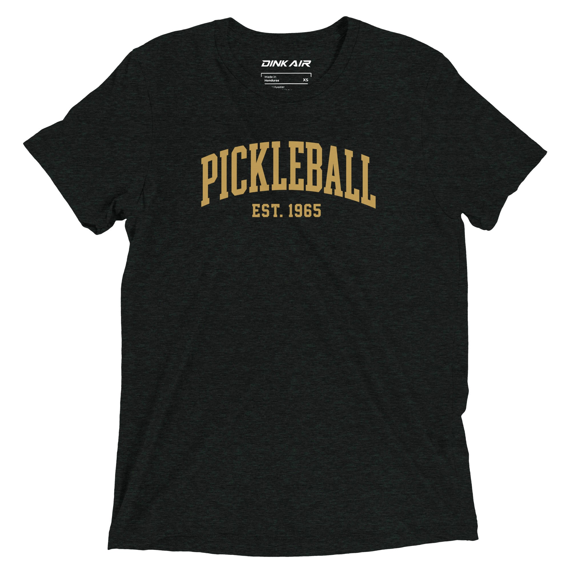 Front view of the Classic Pickleball Tee in charcoal featuring a vintage collegiate-inspired Pickleball graphic printed across the chest on a premium tri-blend crew neck tee for everyday comfort and pickleball lifestyle wear.
