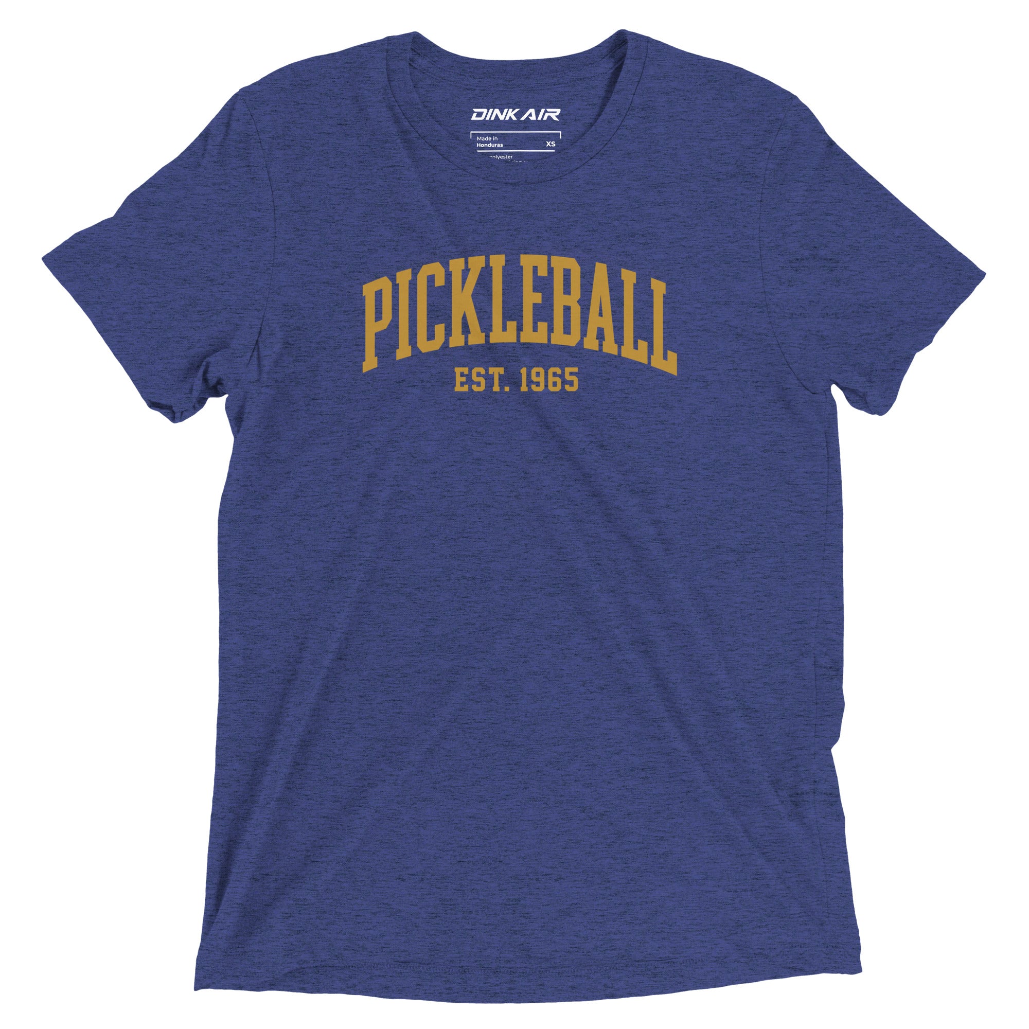Front view of the Classic Pickleball Tee in navy featuring a vintage collegiate-inspired Pickleball graphic printed across the chest on a premium tri-blend crew neck tee for everyday comfort and pickleball lifestyle wear.