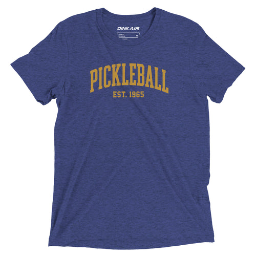 Front view of the Classic Pickleball Tee in navy featuring a vintage collegiate-inspired Pickleball graphic printed across the chest on a premium tri-blend crew neck tee for everyday comfort and pickleball lifestyle wear.