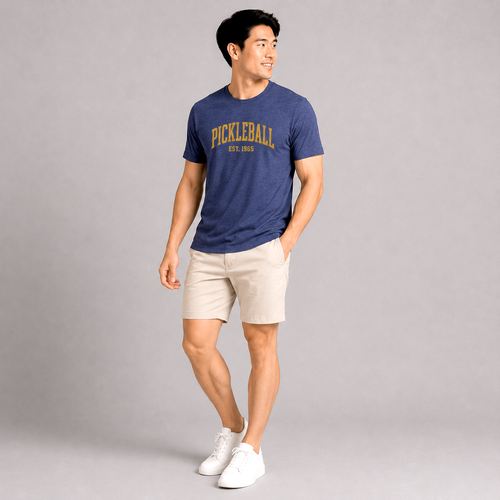 Male model wearing the navy Classic Pickleball Tee with white shorts, showcasing the vintage collegiate-inspired pickleball graphic and soft tri-blend fabric designed for everyday comfort on and off the court.