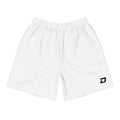 Front view of the Classic White Performance Shorts featuring lightweight white performance fabric, a black D Mark logo on the lower left leg, elastic waistband, athletic fit, moisture-wicking material, and a clean minimalist design for pickleball, training, tournaments, and everyday wear.
