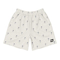 Front view of the Coastal Palm Performance Shorts featuring an off-white performance fabric with an all-over navy palm tree, pickleball paddle, and pickleball pattern, finished with the embroidered D Mark logo near the hem.