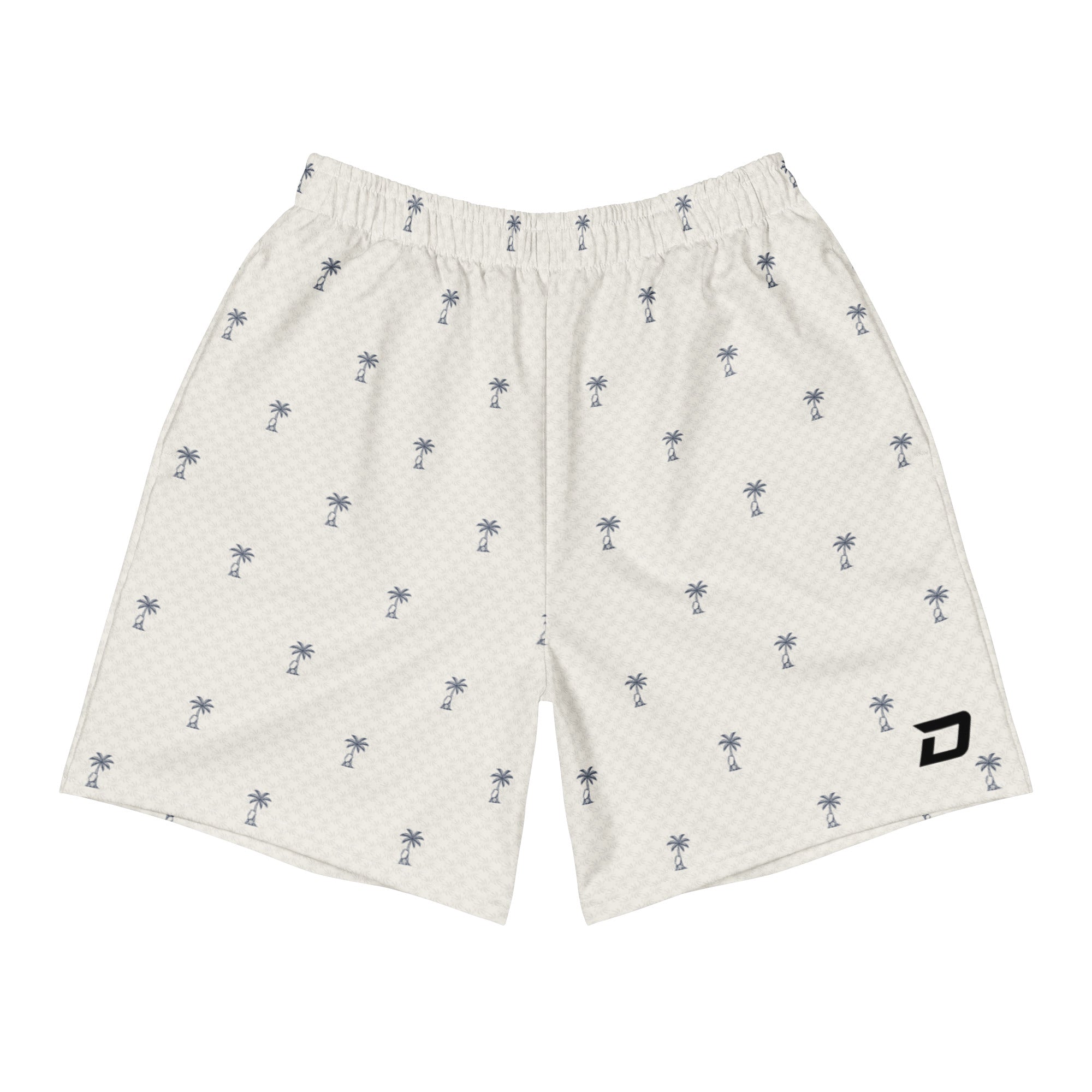 Front view of the Coastal Palm Performance Shorts featuring an off-white performance fabric with an all-over navy palm tree, pickleball paddle, and pickleball pattern, finished with the embroidered D Mark logo near the hem.