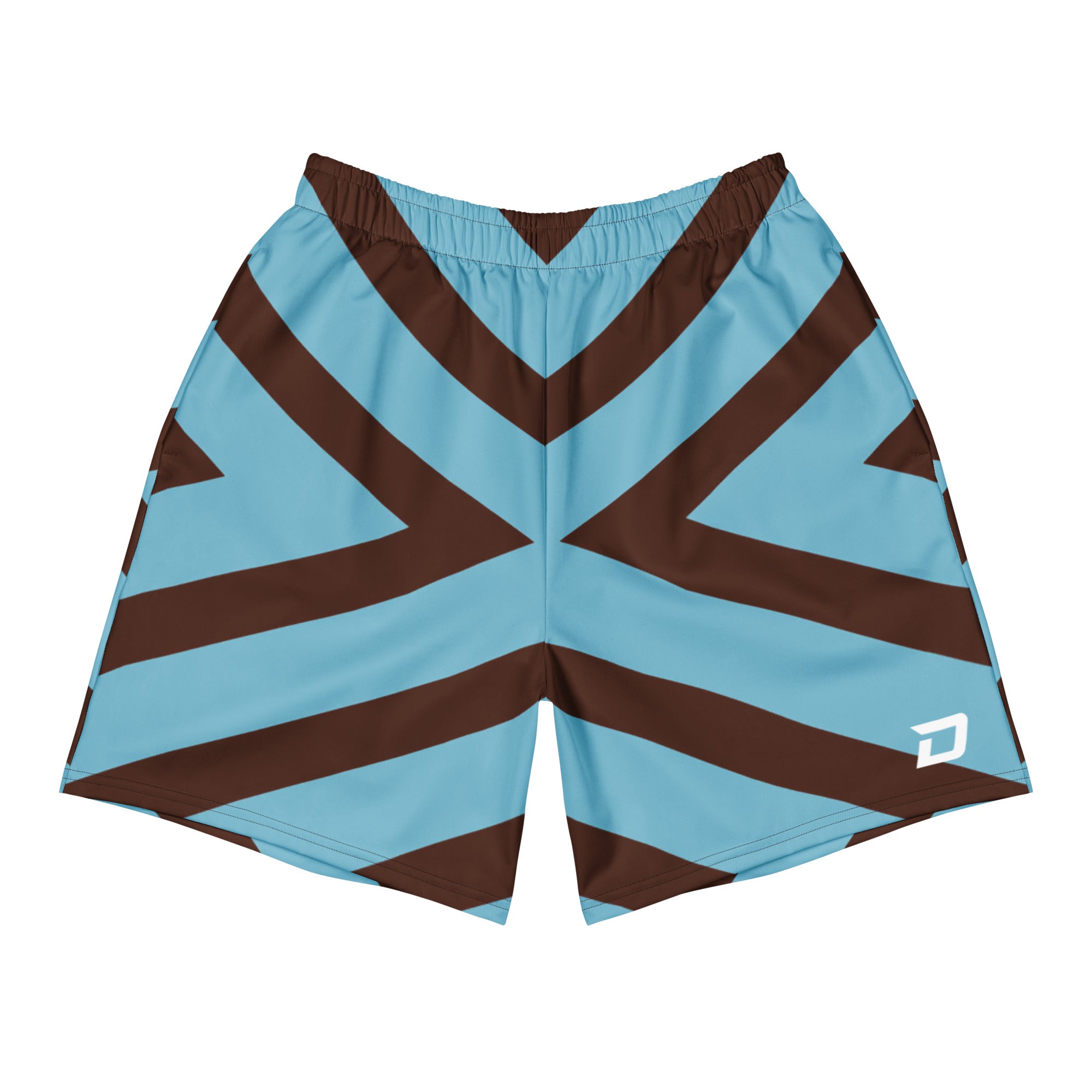 Coastal blue performance shorts featuring a bold cognac geometric vector pattern with a white D Mark logo, designed for lightweight comfort and unrestricted movement on and off the pickleball court.