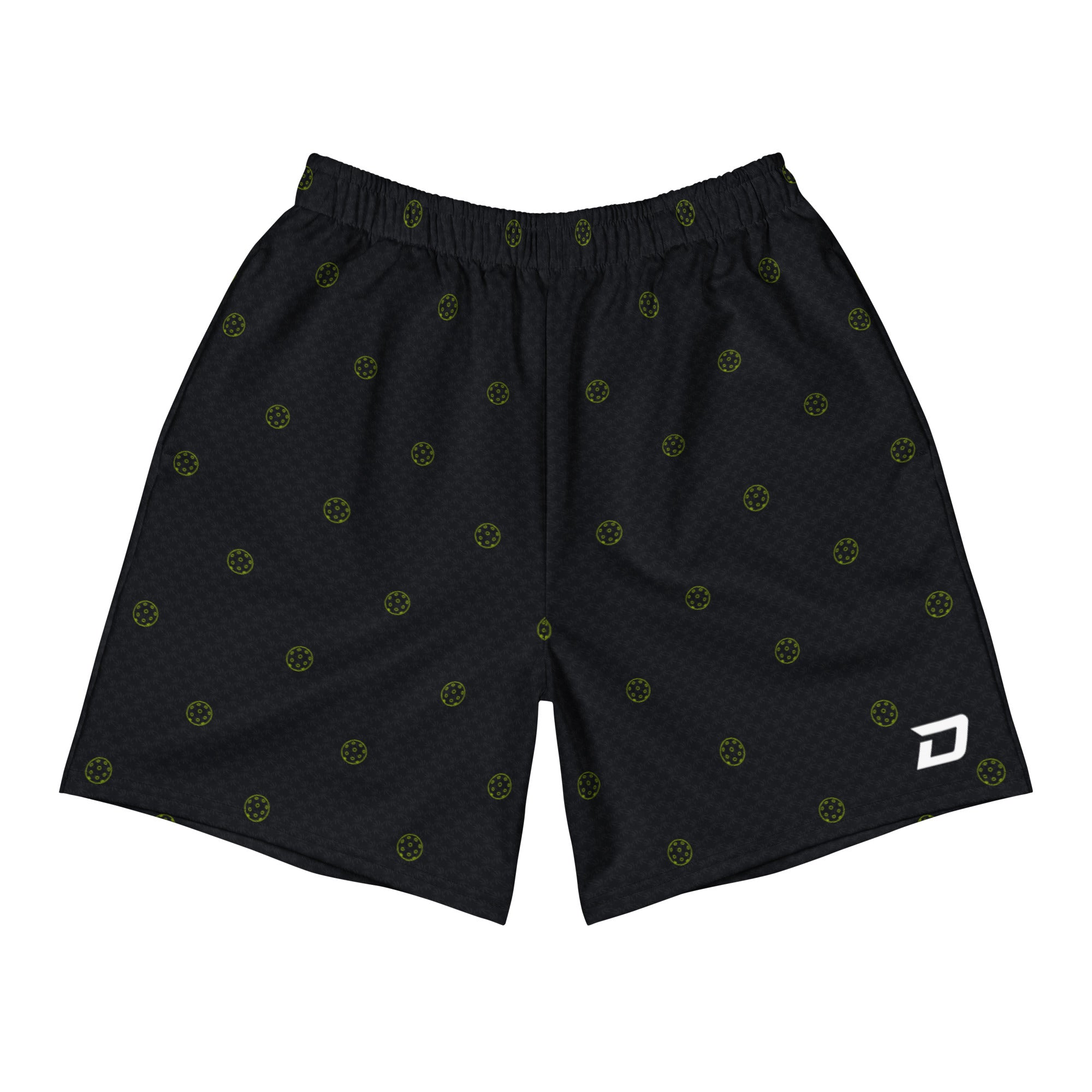 Front view of the Court Ball Performance Shorts featuring a black performance fabric with an all-over neon green pickleball pattern, white D Mark logo on the lower left leg, elastic waistband, athletic fit, moisture-wicking material, lightweight four-way stretch construction, and a bold modern design built for pickleball, tournaments, training, and everyday wear.