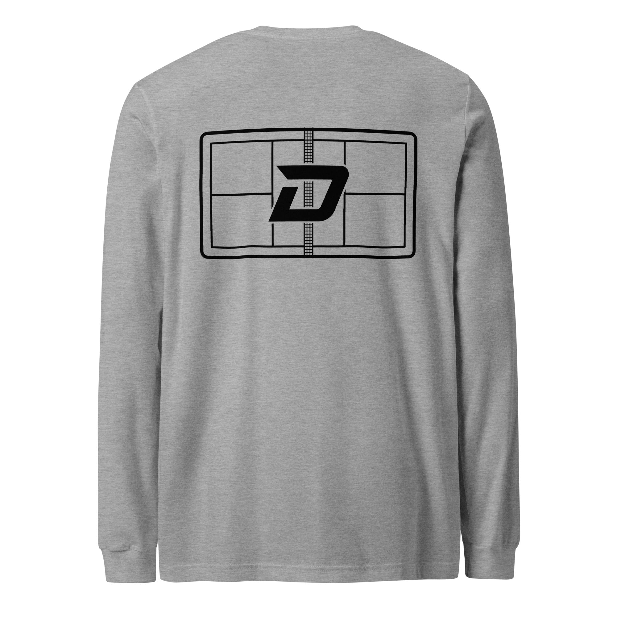Back view of the gray Court Long Sleeve Tee featuring the signature D Mark graphic.