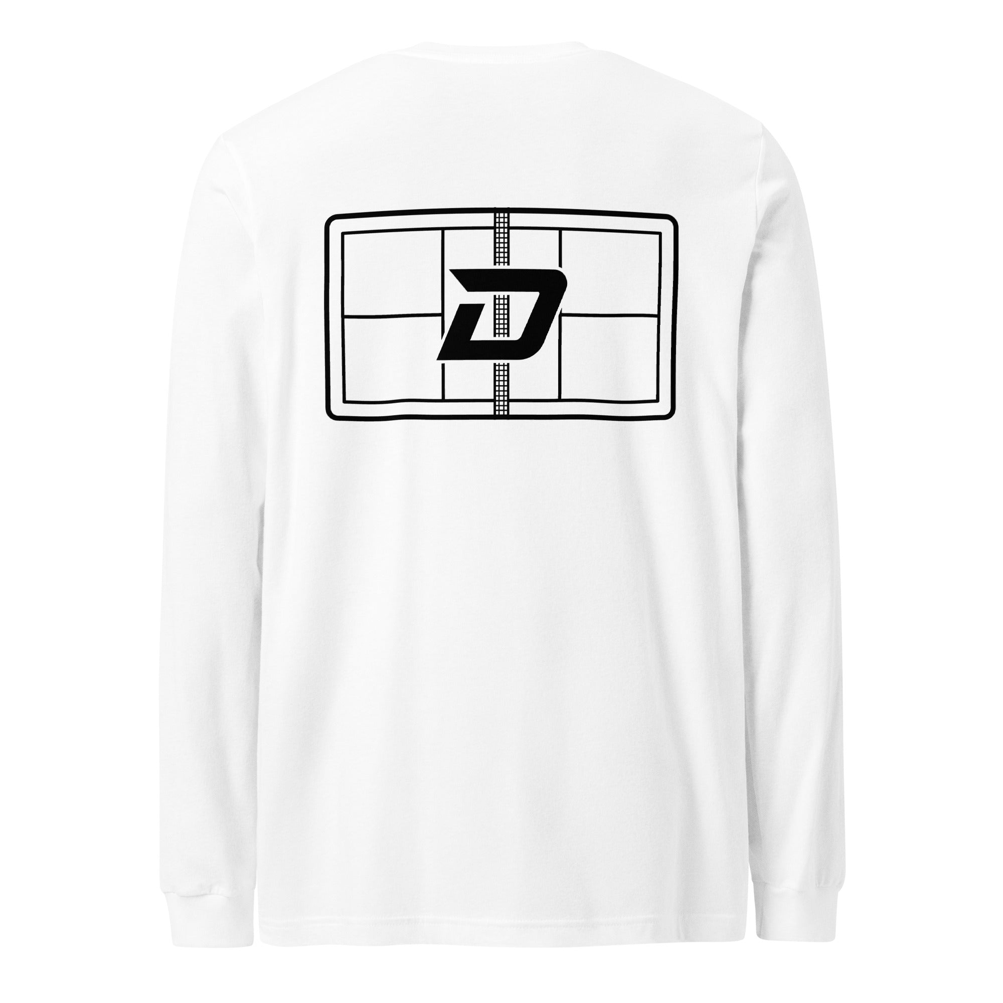 Back view of the white Court Long Sleeve Tee featuring the signature D Mark graphic.