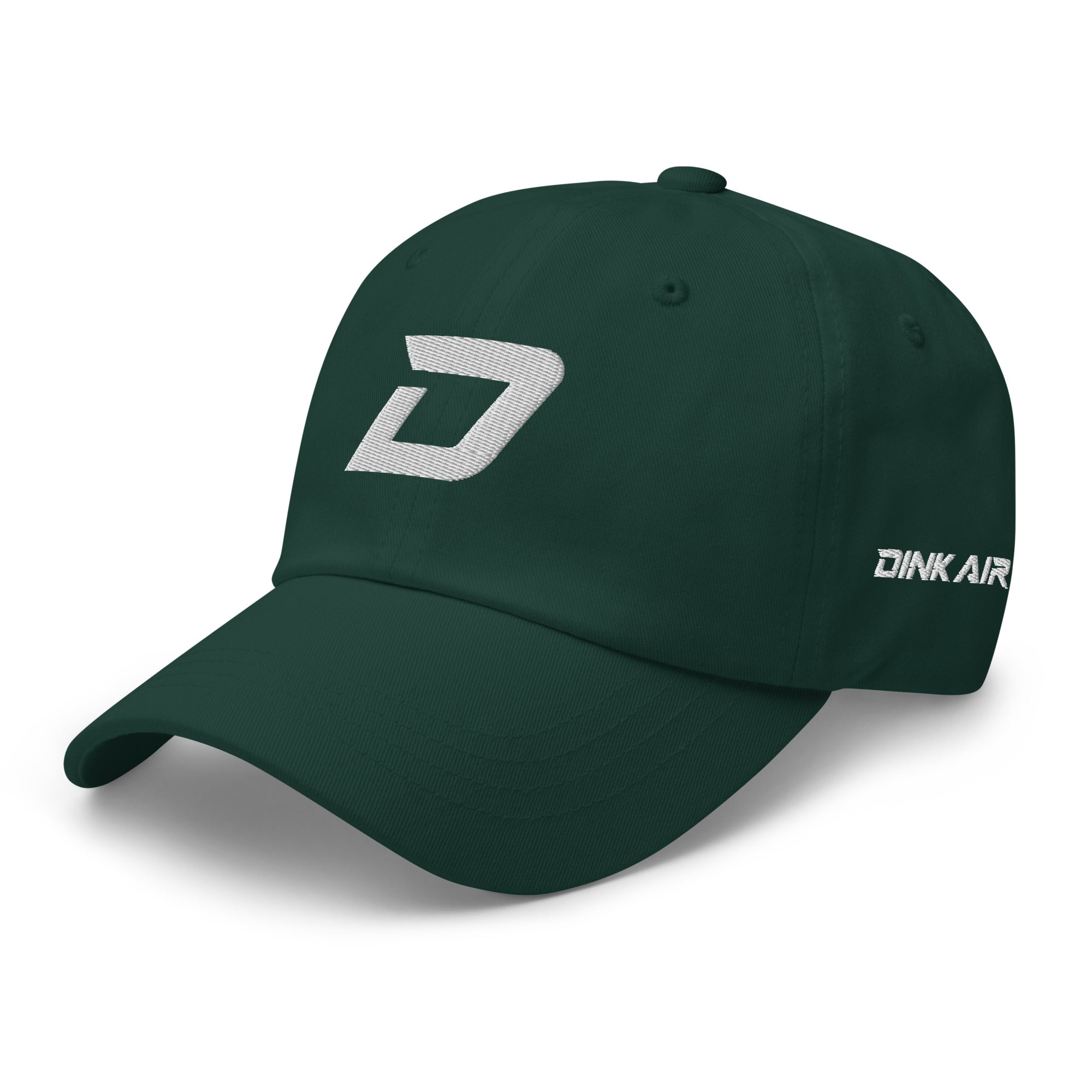 Angled front view of the green D Mark Classic pickleball cap featuring a white embroidered D Mark logo on the front, an embroidered Dink Air Signature logo on the left side, and a curved brim.