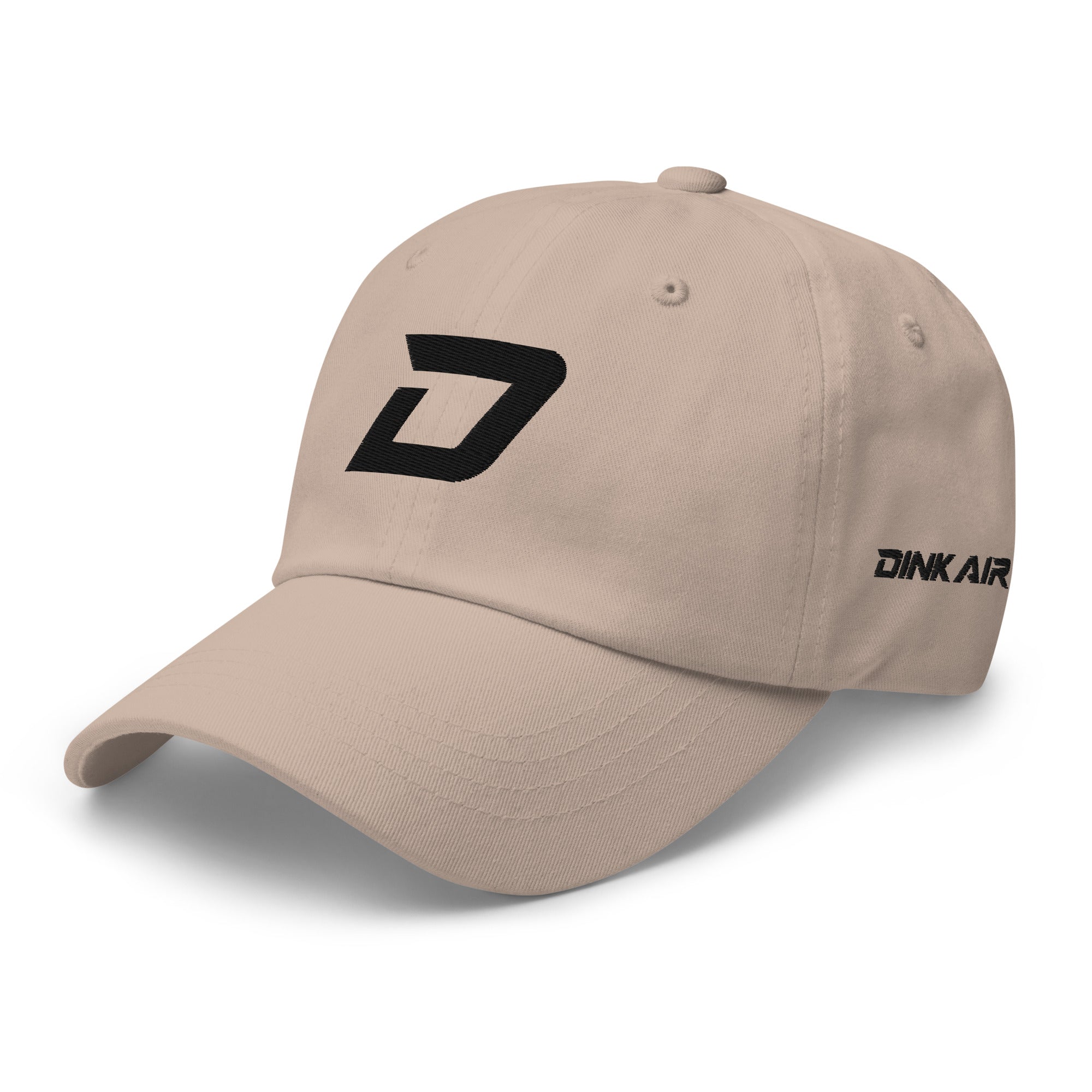 Angled front view of the stone D Mark Classic pickleball cap featuring a black embroidered D Mark logo on the front, an embroidered Dink Air Signature logo on the left side, and a curved brim.