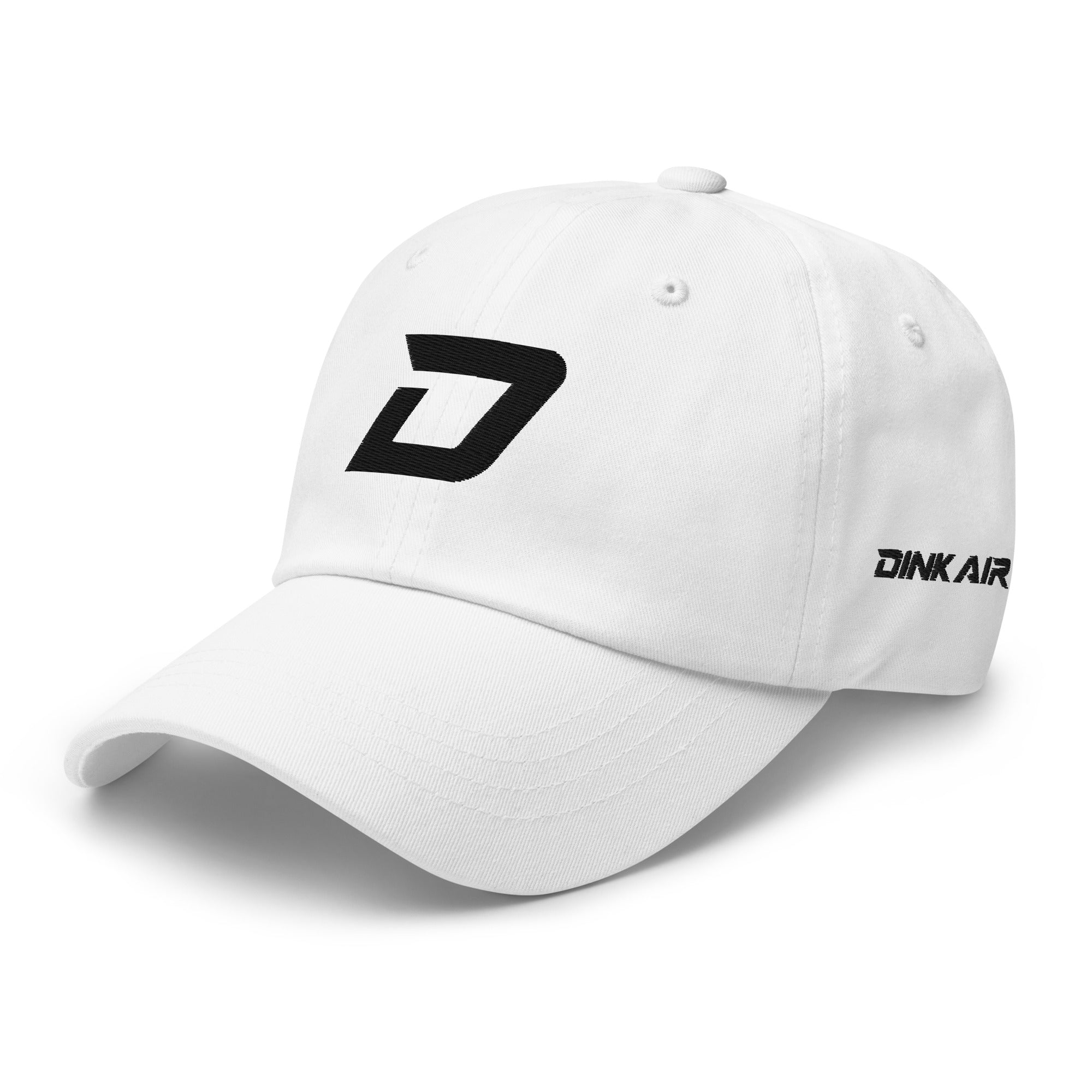Angled front view of the white D Mark Classic pickleball cap featuring a black embroidered D Mark logo on the front, an embroidered Dink Air Signature logo on the left side, and a curved brim.