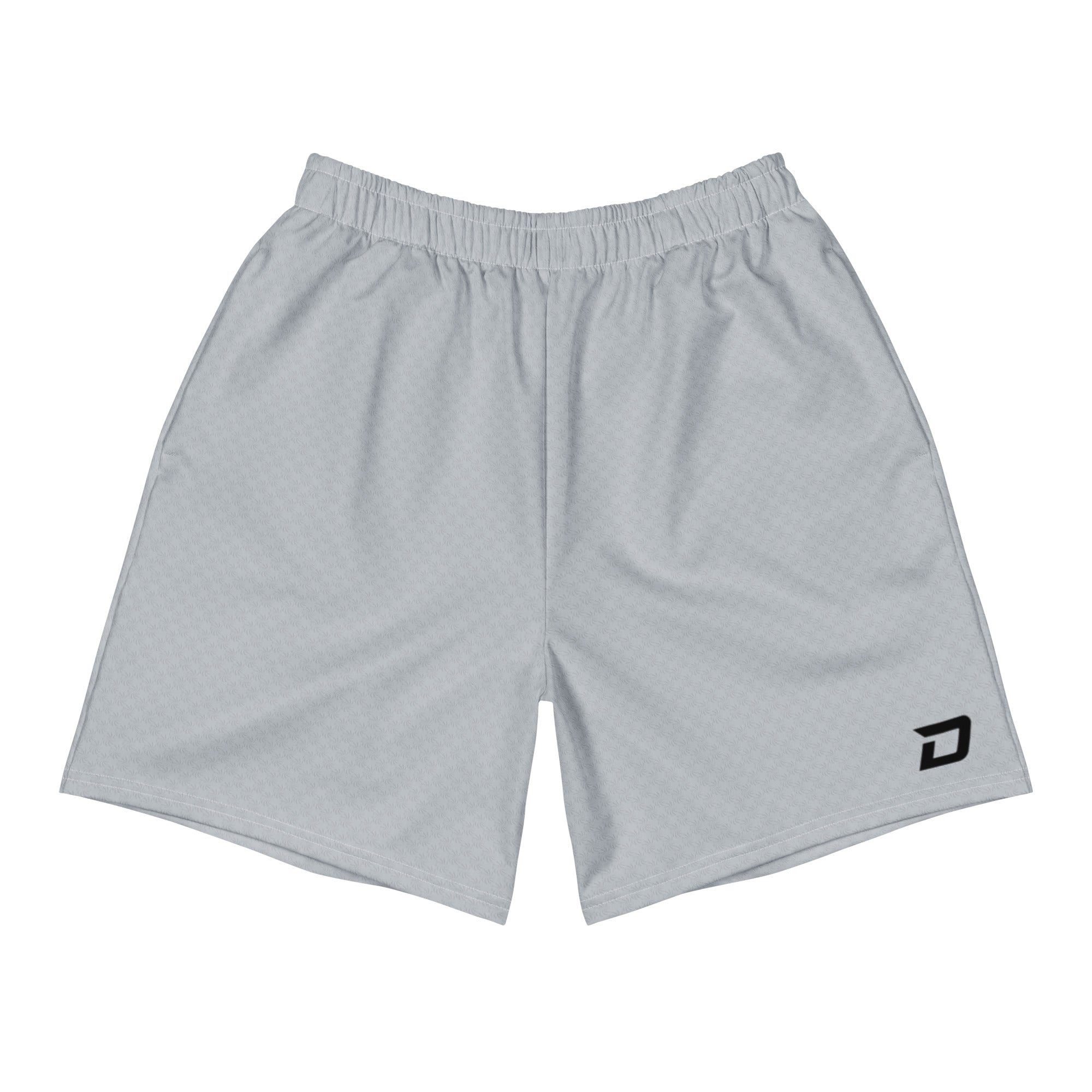Front view of the Steel D Mark Performance Shorts featuring a light steel gray performance fabric, white D Mark logo near the lower left leg, elastic waistband with drawstring, and a lightweight athletic fit designed for pickleball and everyday performance.