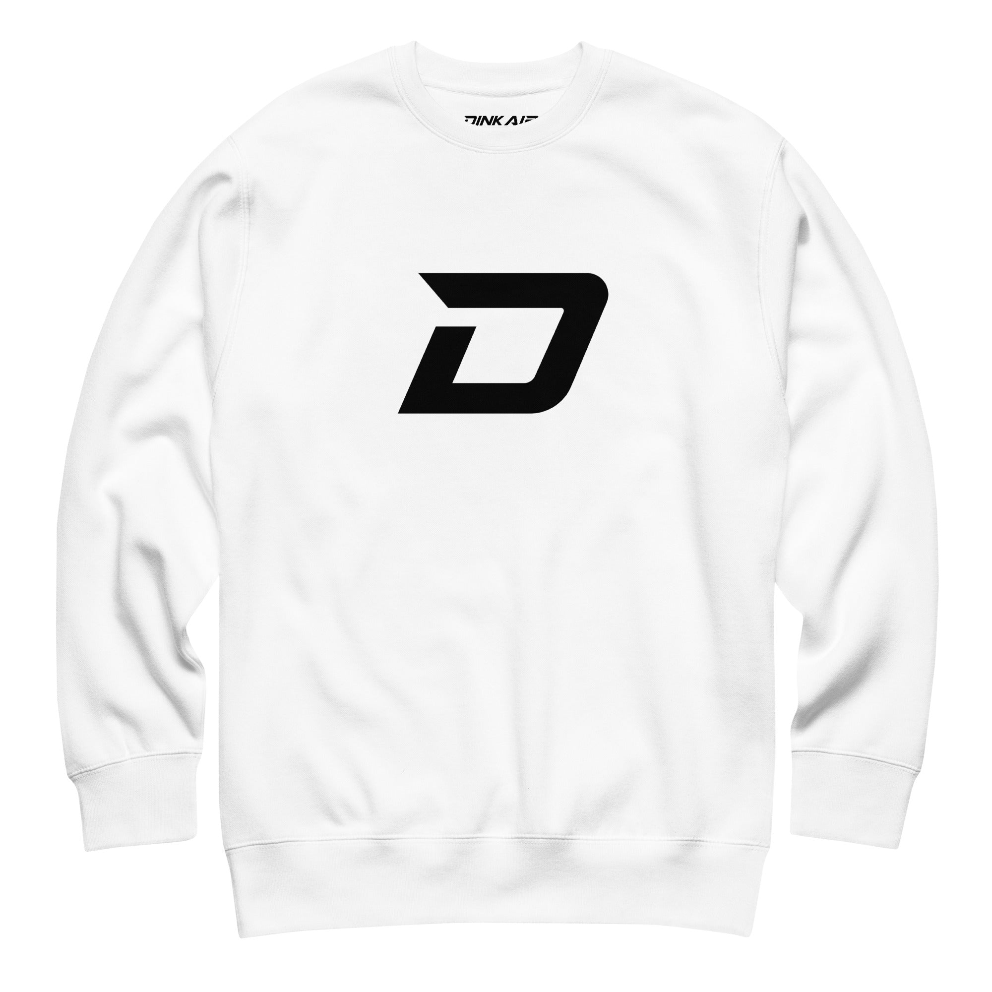 Front view of the white D Mark pickleball sweatshirt featuring a black D Mark Logo centered on the chest, a classic crewneck design, ribbed cuffs, and a clean minimalist athletic style.