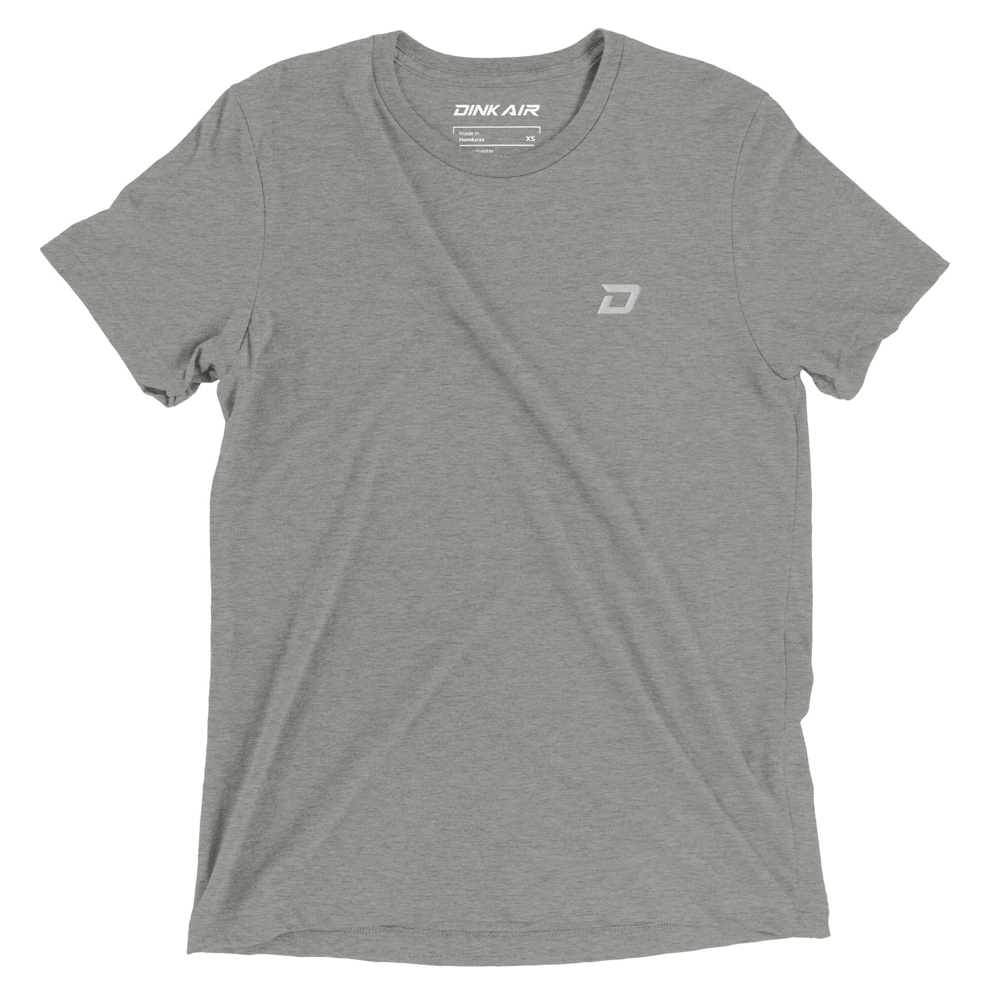 Front view of the Dink Air D Mark Tri-Blend Tee in gray featuring a minimalist embroidered D Mark logo on the chest.
