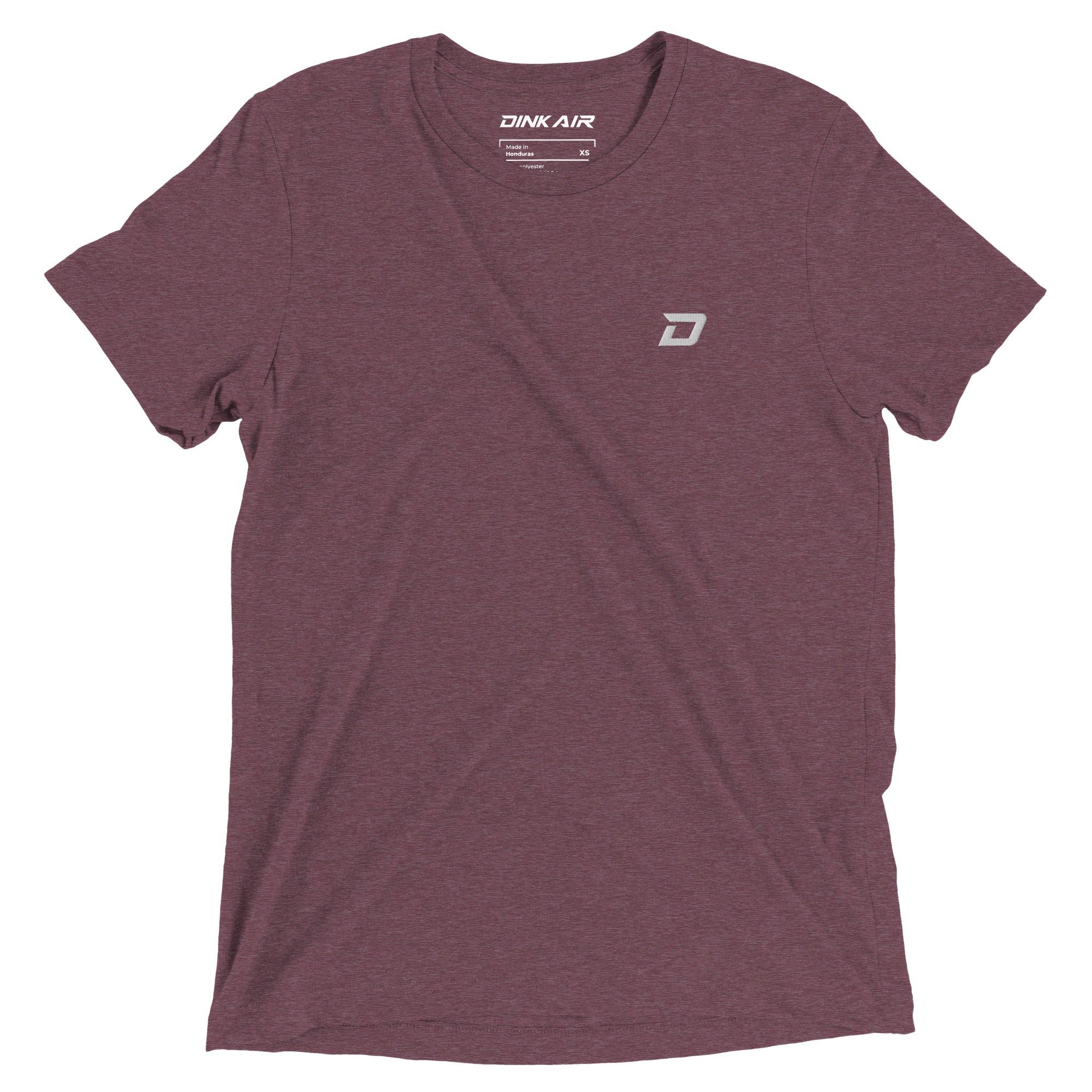 Front view of the Dink Air D Mark Tri-Blend Tee in maroon featuring a minimalist embroidered D Mark logo on the chest.