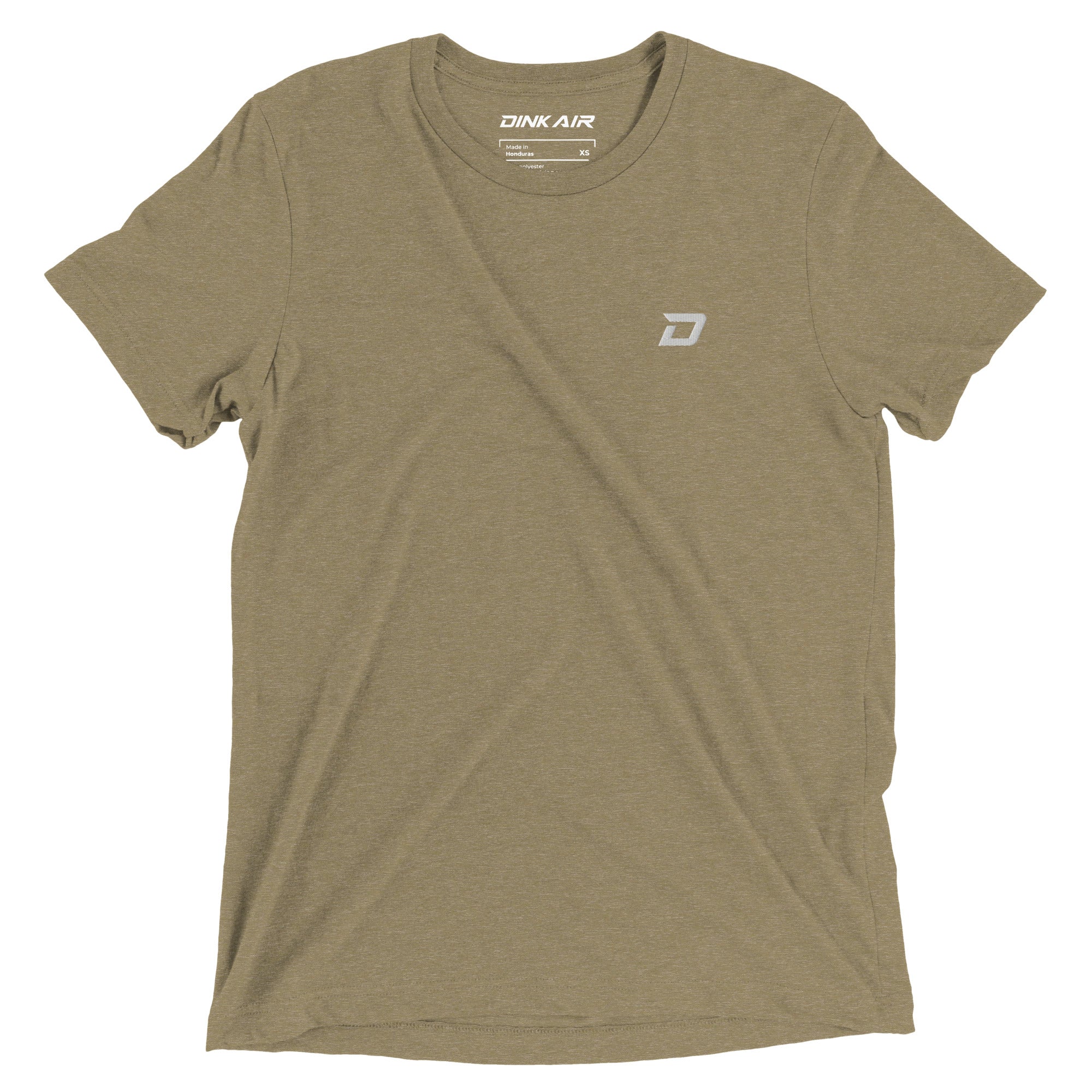 Front view of the Dink Air D Mark Tri-Blend Tee in olive featuring a minimalist embroidered D Mark logo on the chest.