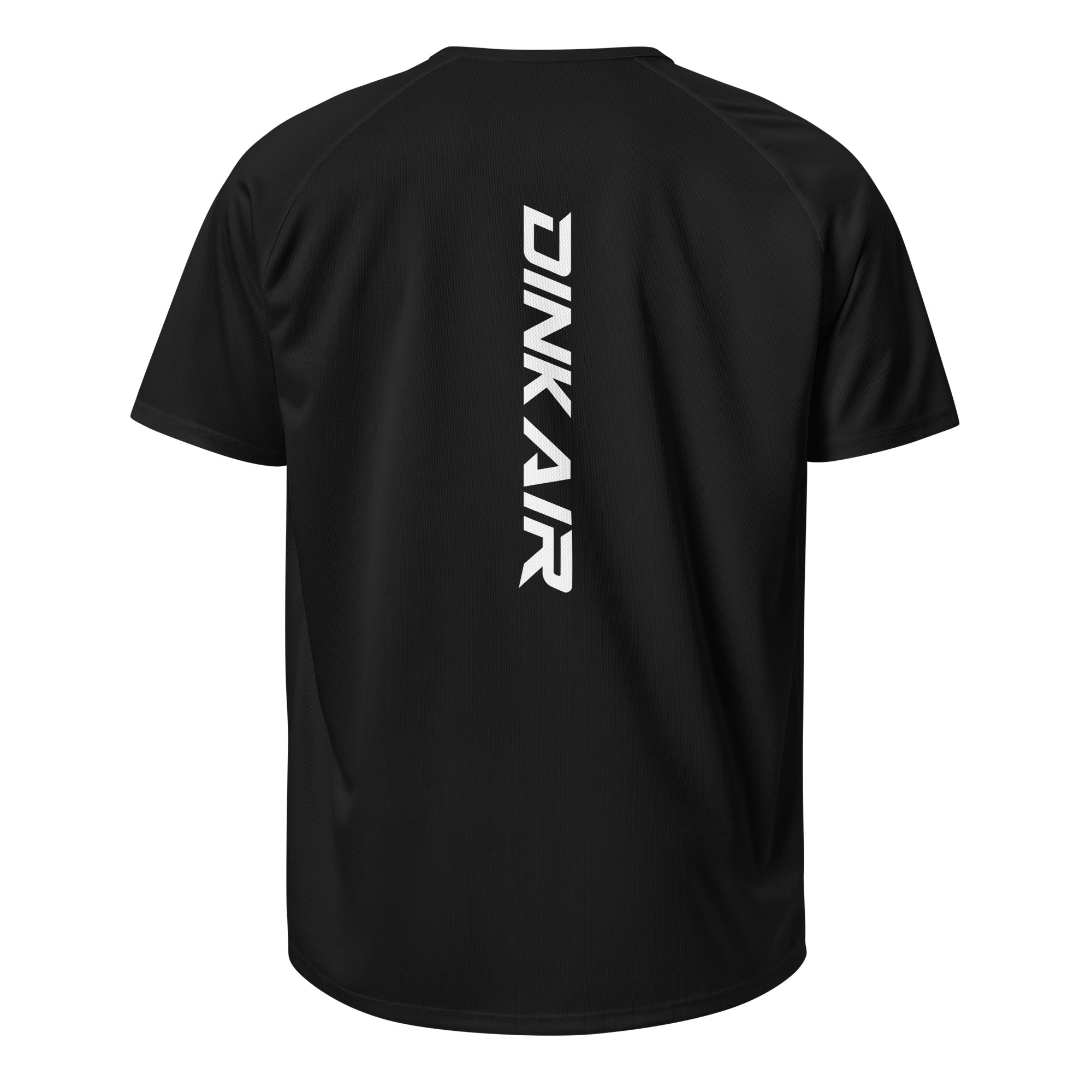 Dink Air Vertical Performance Tee in black, back view featuring the vertical white Dink Air logo on lightweight athletic performance fabric.