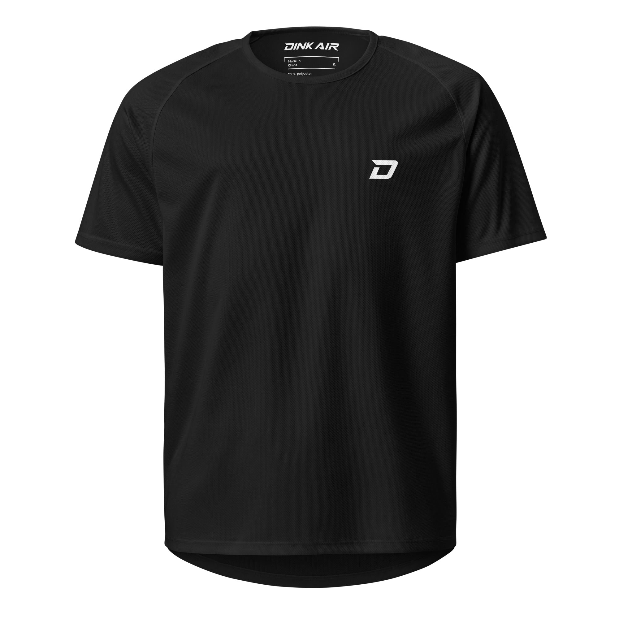 Dink Air Vertical Performance Tee in black, front view featuring the white D Mark chest logo and lightweight athletic performance design.