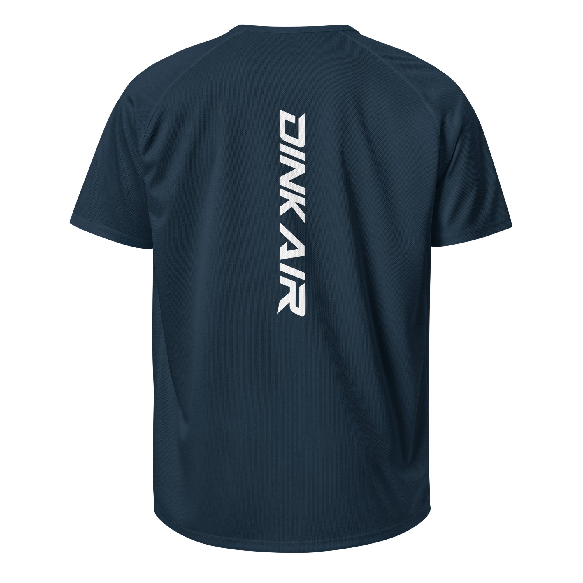 Dink Air Vertical Performance Tee in navy, back view featuring the vertical white Dink Air logo on lightweight athletic performance fabric.
