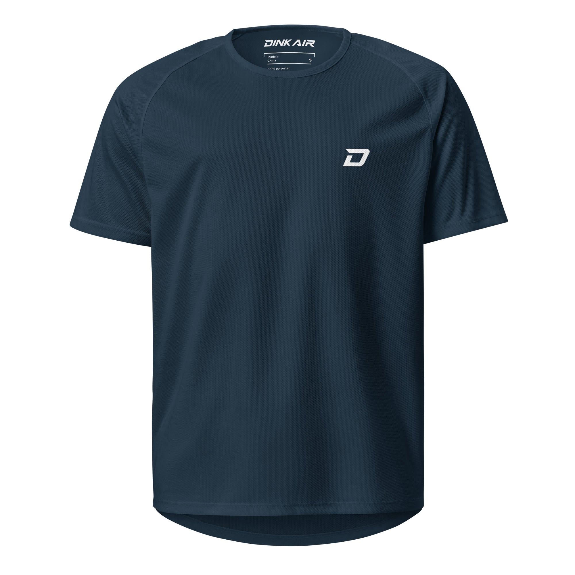 Dink Air Vertical Performance Tee in navy, front view featuring the white D Mark chest logo and lightweight athletic performance design.