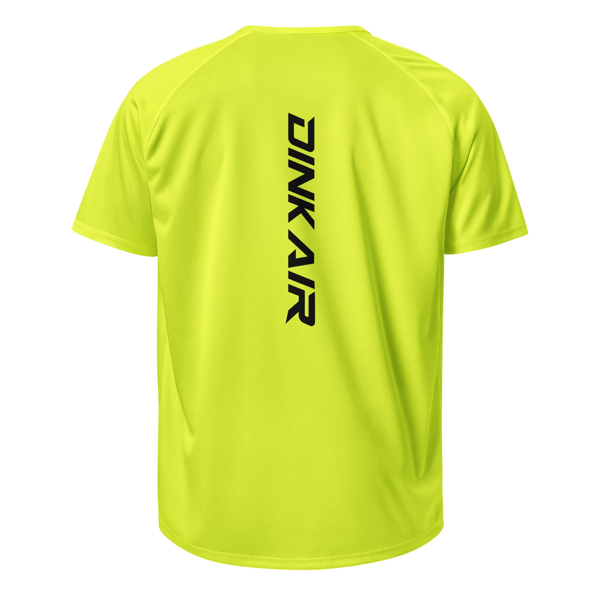 Dink Air Vertical Performance Tee in neon yellow, back view featuring the vertical black Dink Air logo on lightweight performance fabric.