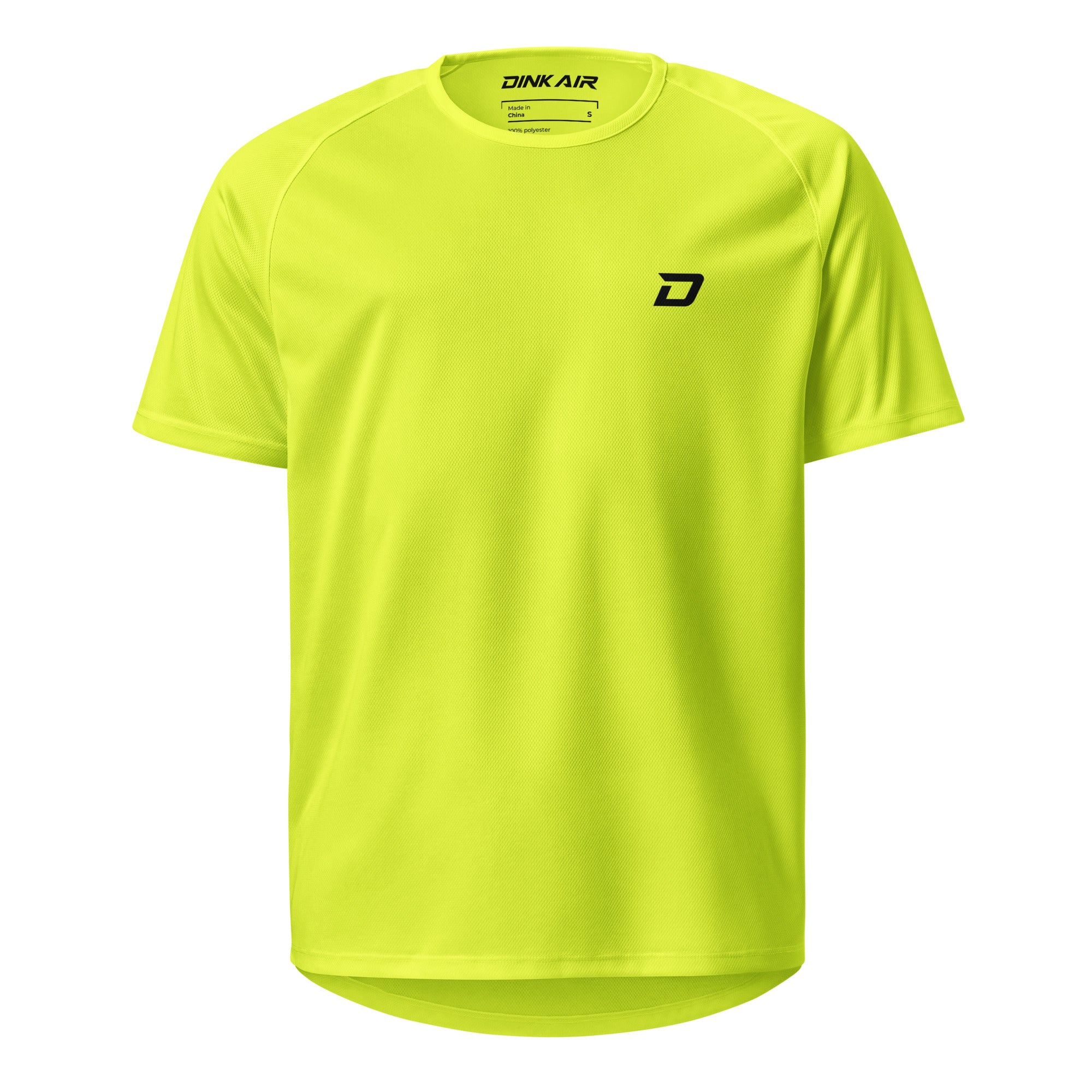 Dink Air Vertical Performance Tee in neon yellow, front view featuring the black D Mark chest logo and lightweight athletic performance design.