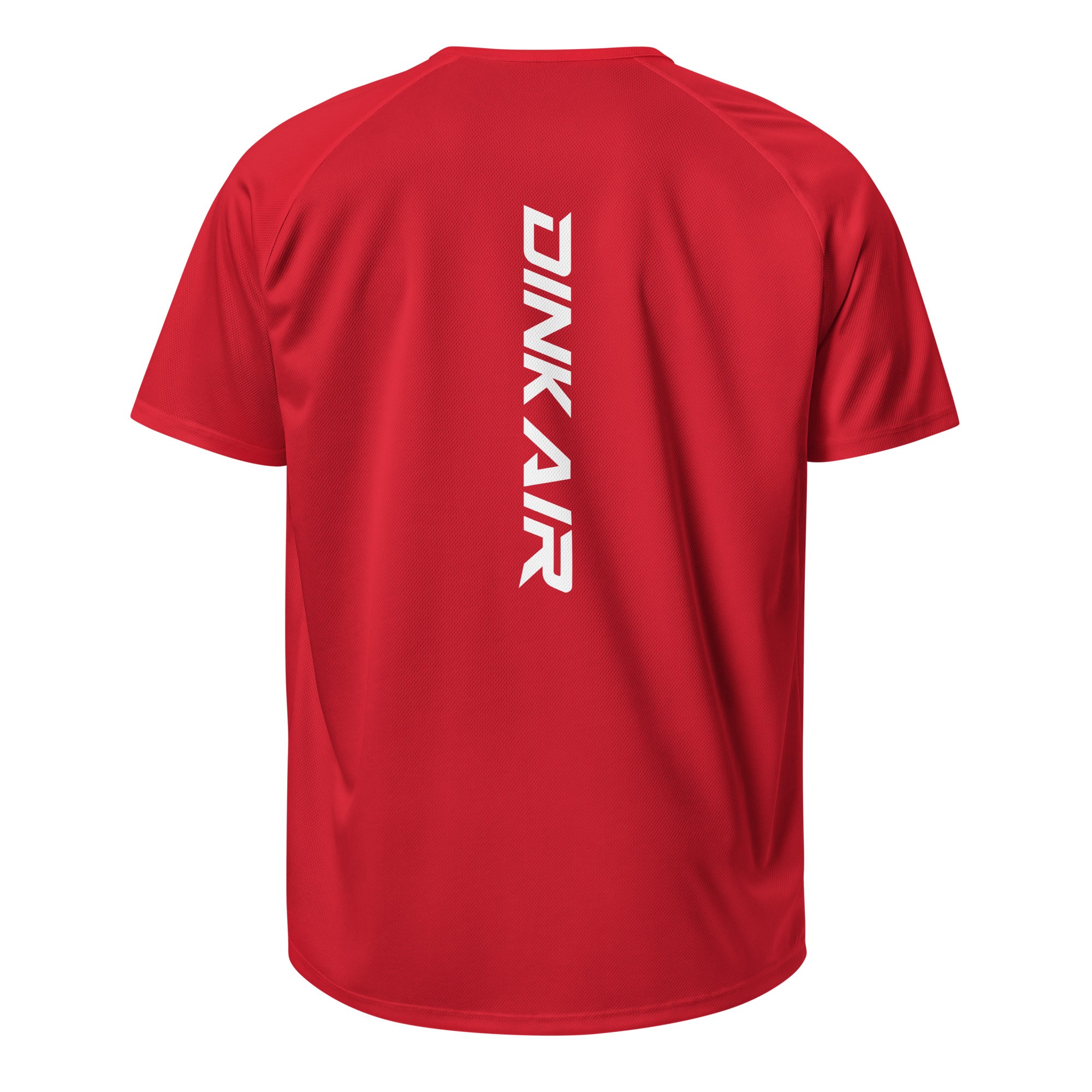 Dink Air Vertical Performance Tee in red, back view featuring the vertical white Dink Air logo on lightweight athletic performance fabric.
