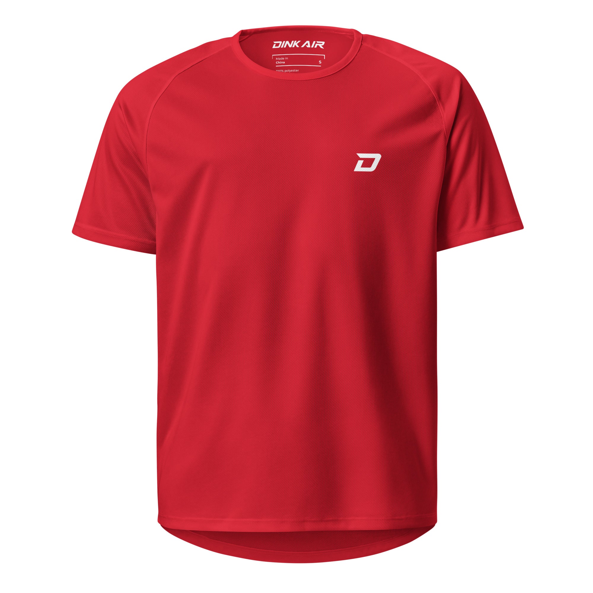 Dink Air Vertical Performance Tee in red, front view featuring the white D Mark chest logo and lightweight athletic performance design.