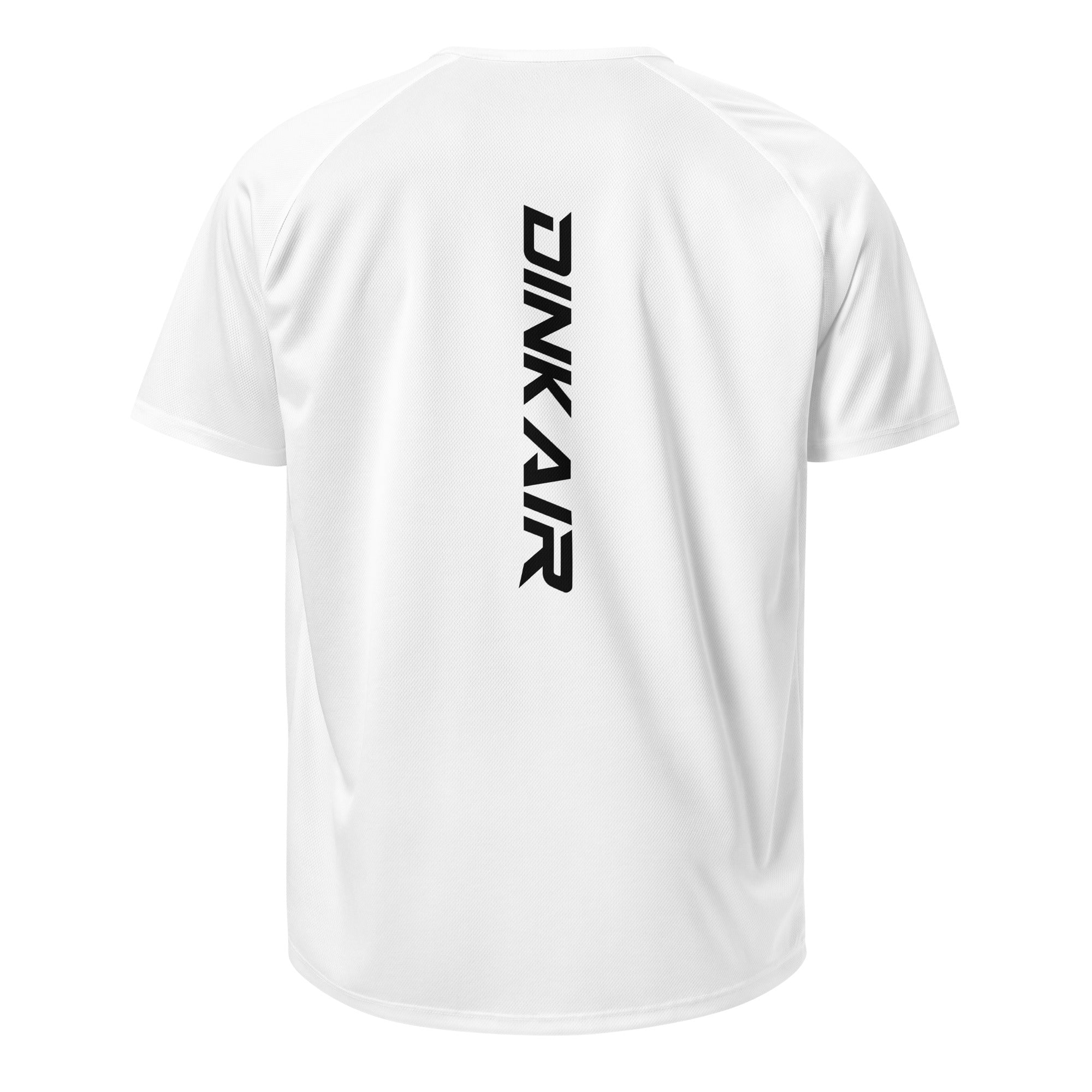 Dink Air Vertical Performance Tee in white, back view featuring the vertical black Dink Air logo on lightweight performance fabric.