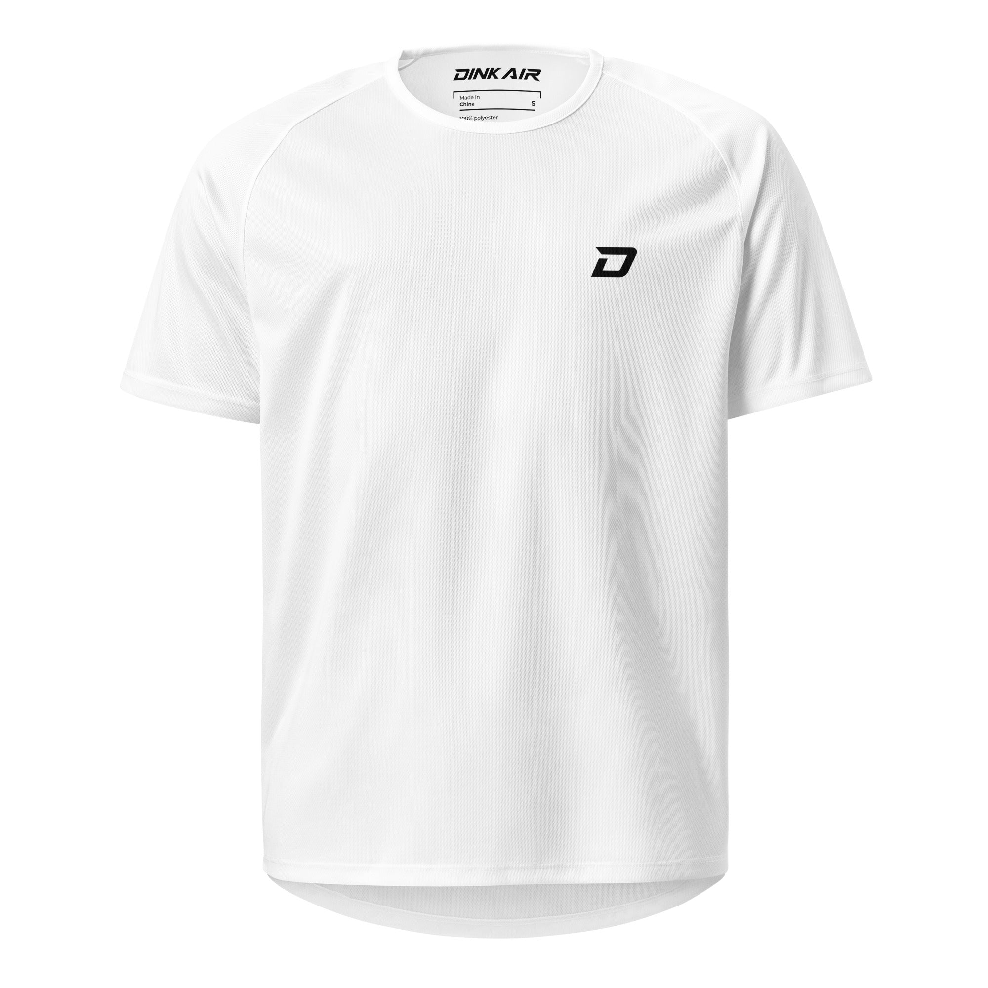 Dink Air Vertical Performance Tee in white, front view featuring the black D Mark chest logo and lightweight athletic performance design.