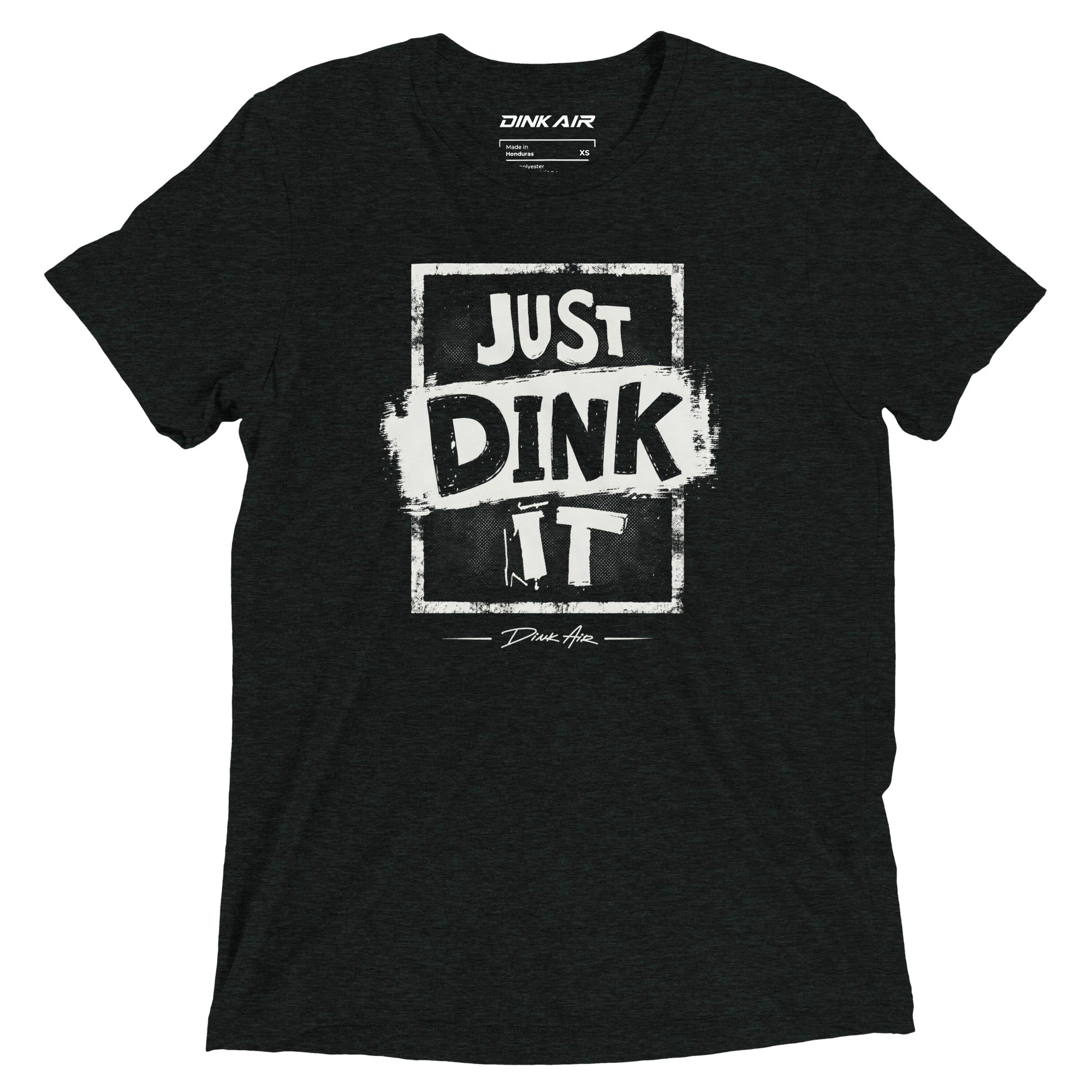 Charcoal black tri-blend t-shirt featuring a bold vintage-inspired "Just Dink It" graphic across the front in white.