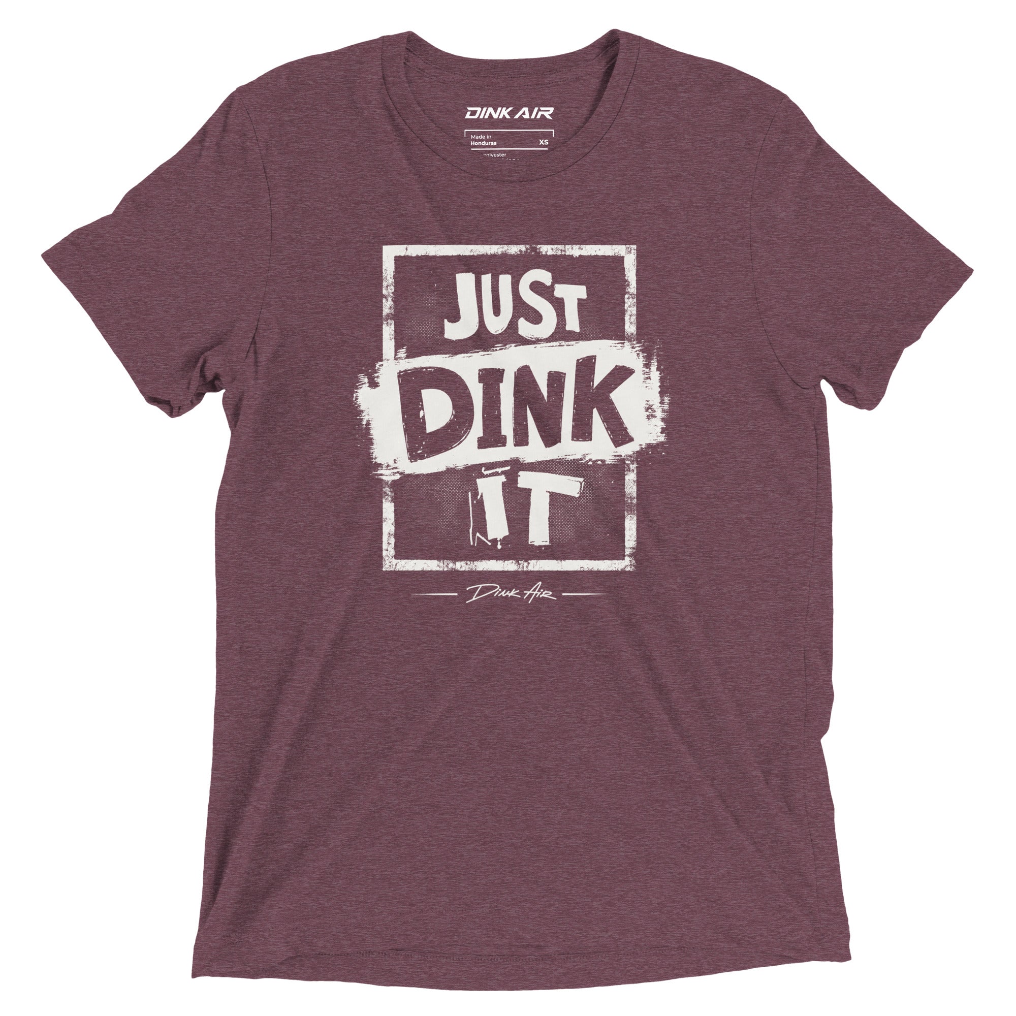 Maroon tri-blend t-shirt featuring a bold vintage-inspired "Just Dink It" graphic across the front in white.