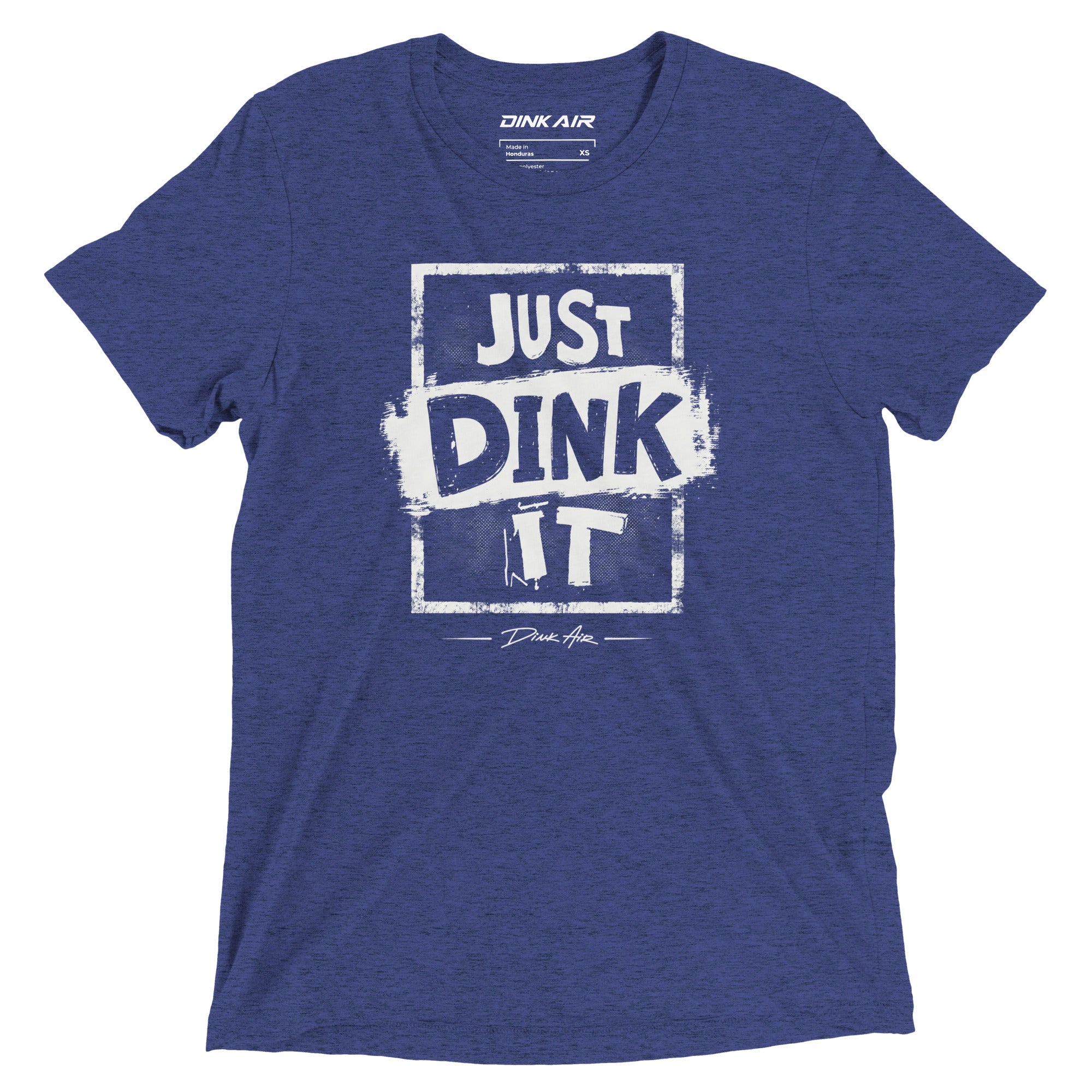 Navy tri-blend t-shirt featuring a bold vintage-inspired "Just Dink It" graphic across the front in white.