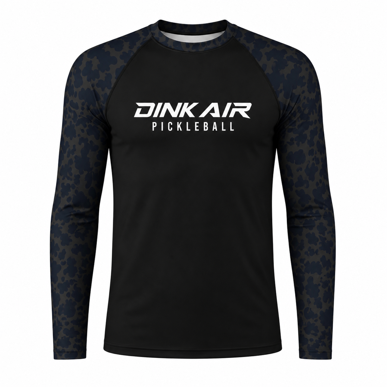Front view of the Midnight Performance Long Sleeve featuring a black moisture-wicking performance body with tonal camo raglan sleeves and shoulders, finished with a bold white Dink Air Pickleball logo across the chest for premium comfort on and off the pickleball court.