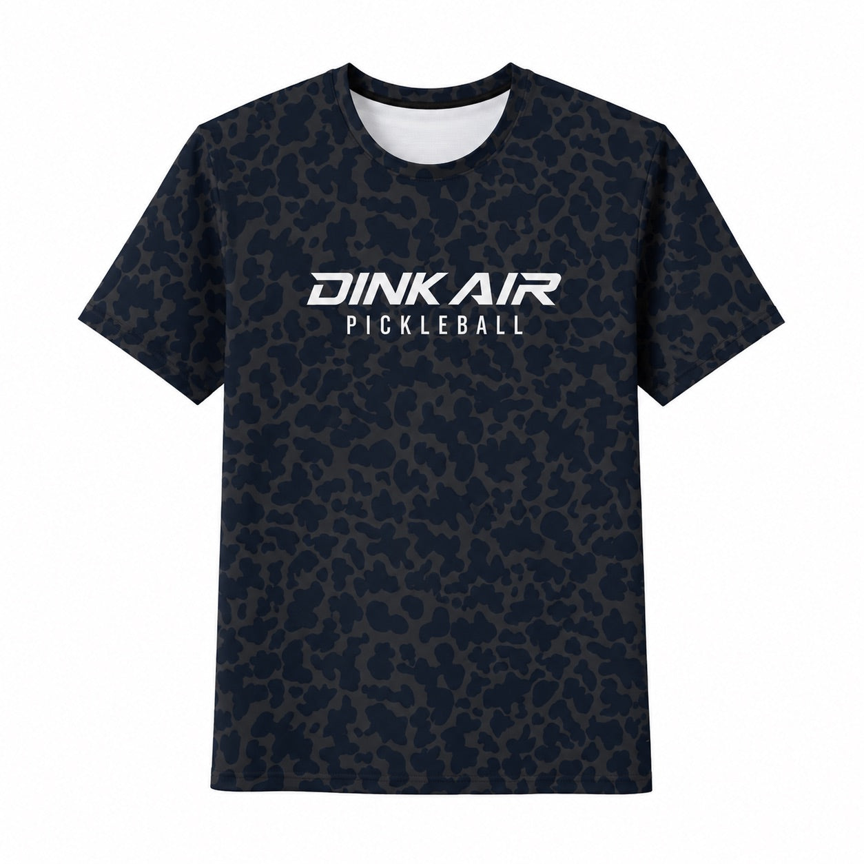 Front view of the Dink Air Midnight Performance Tee featuring a dark navy and charcoal tonal pattern with a white Signature Pickleball logo across the chest.