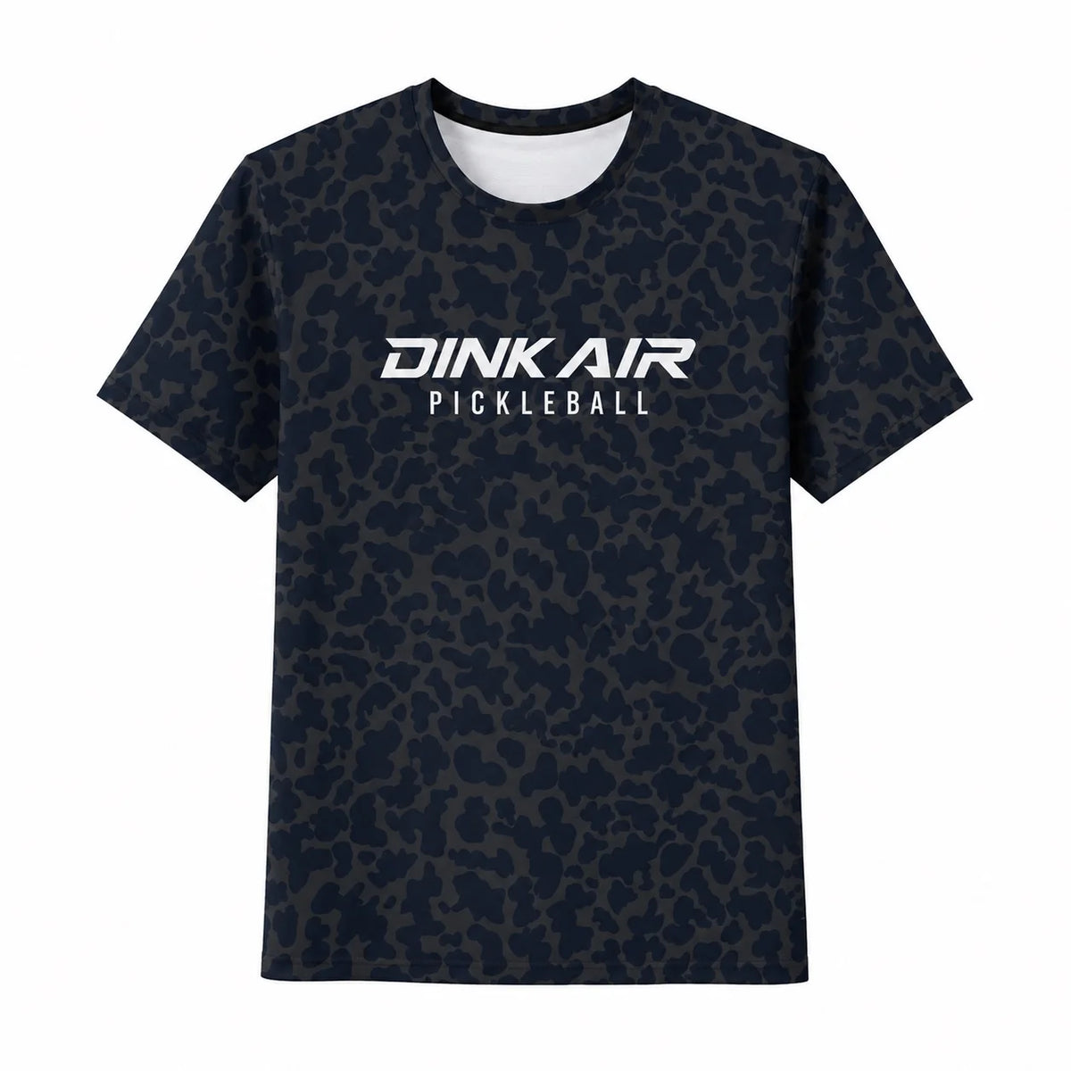 Front view of the Dink Air Midnight Performance Tee featuring a dark navy and charcoal tonal pattern with a white Signature Pickleball logo across the chest.