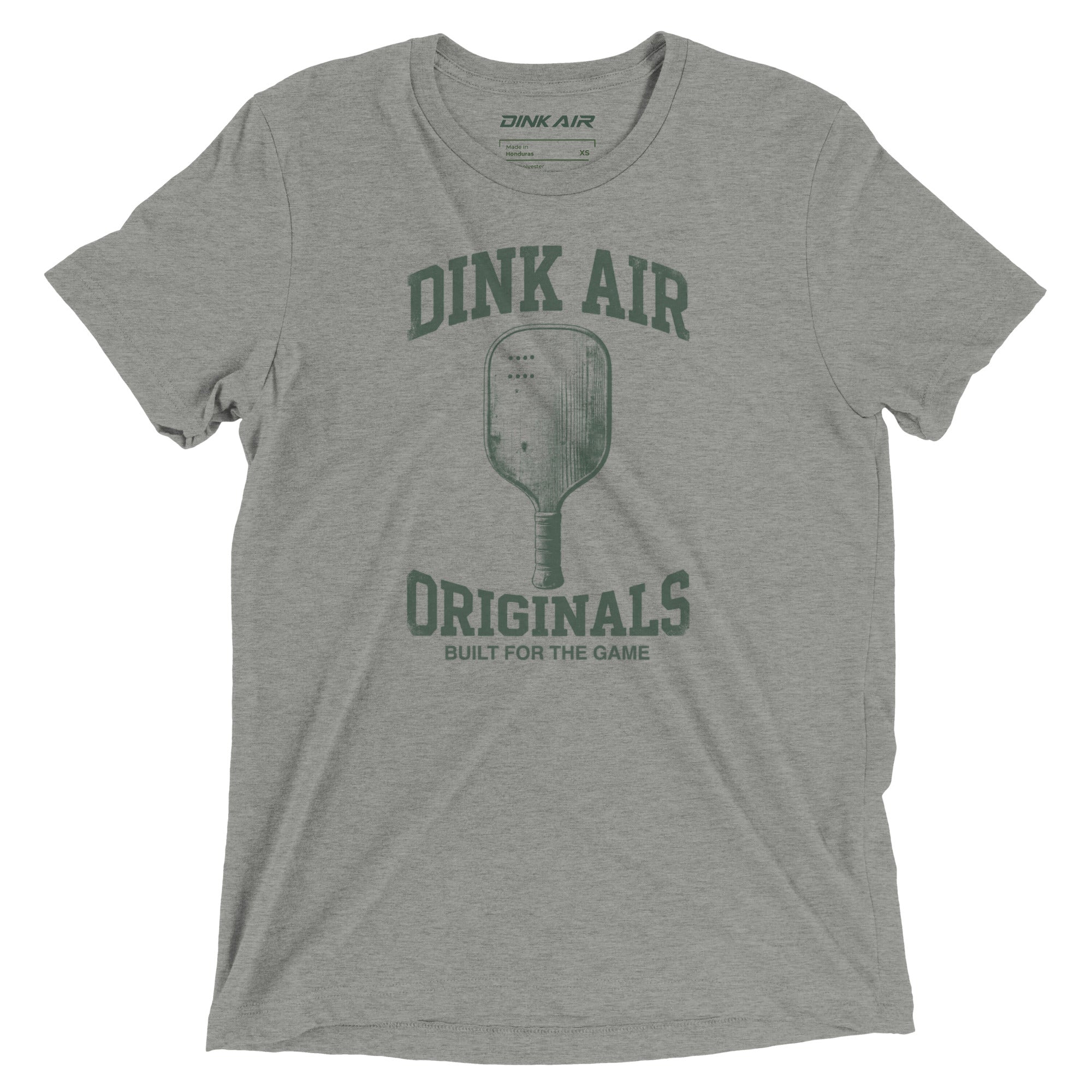 Dink Air Originals Heritage Tee in heather gray featuring a vintage green Dink Air Originals pickleball graphic on an ultra-soft premium tri-blend tee.