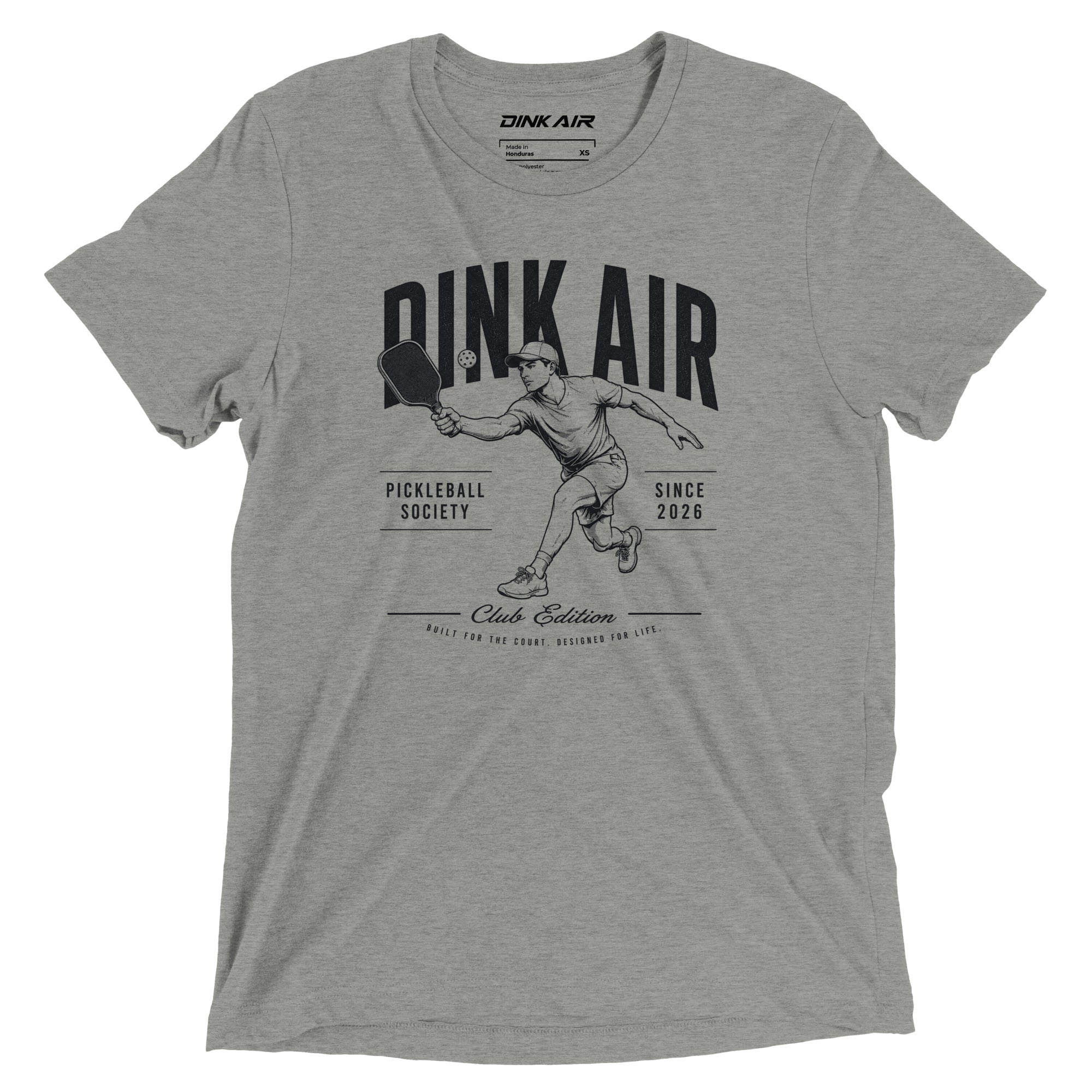 Front view of the gray Originals Match Tee featuring a vintage-inspired pickleball graphic and Dink Air branding.